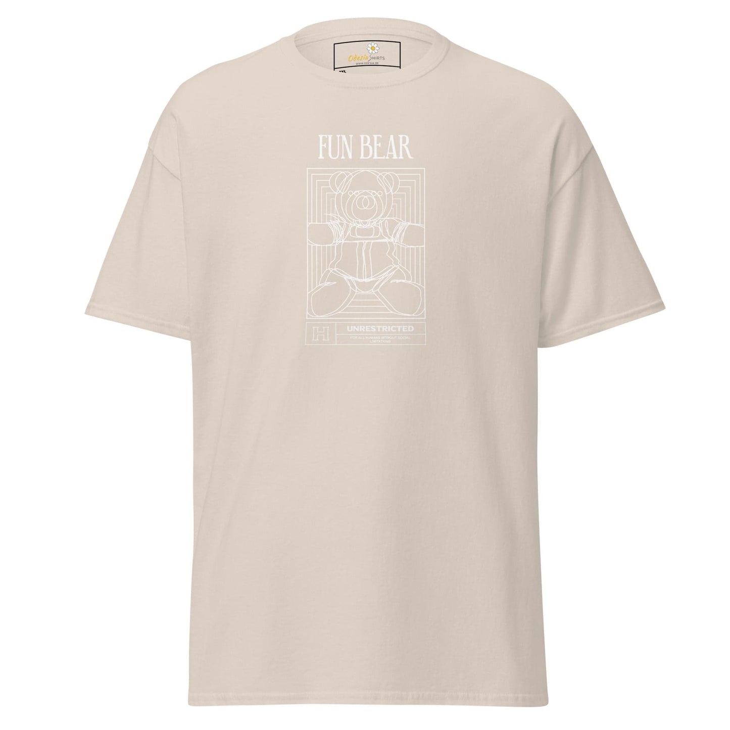 Beige t-shirt with graphic.