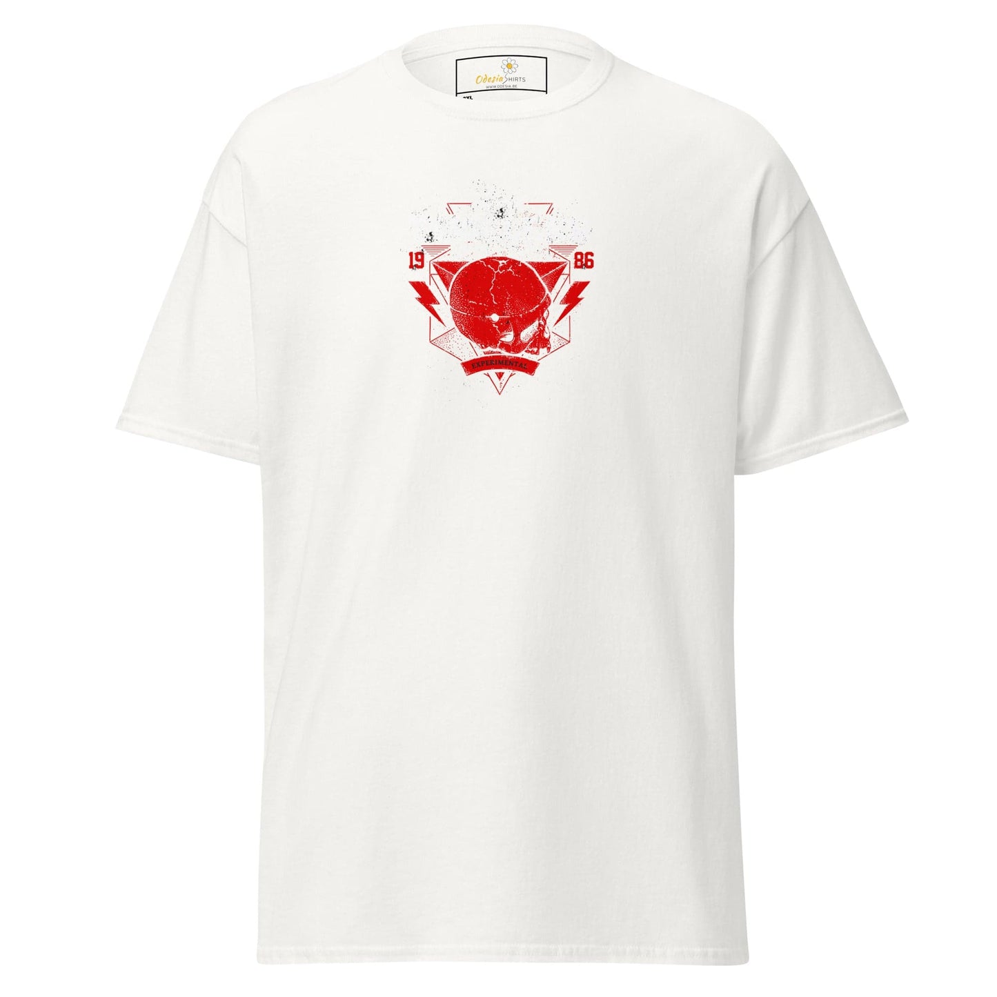 White T-shirt with red graphic design for men and women, available in plus sizes