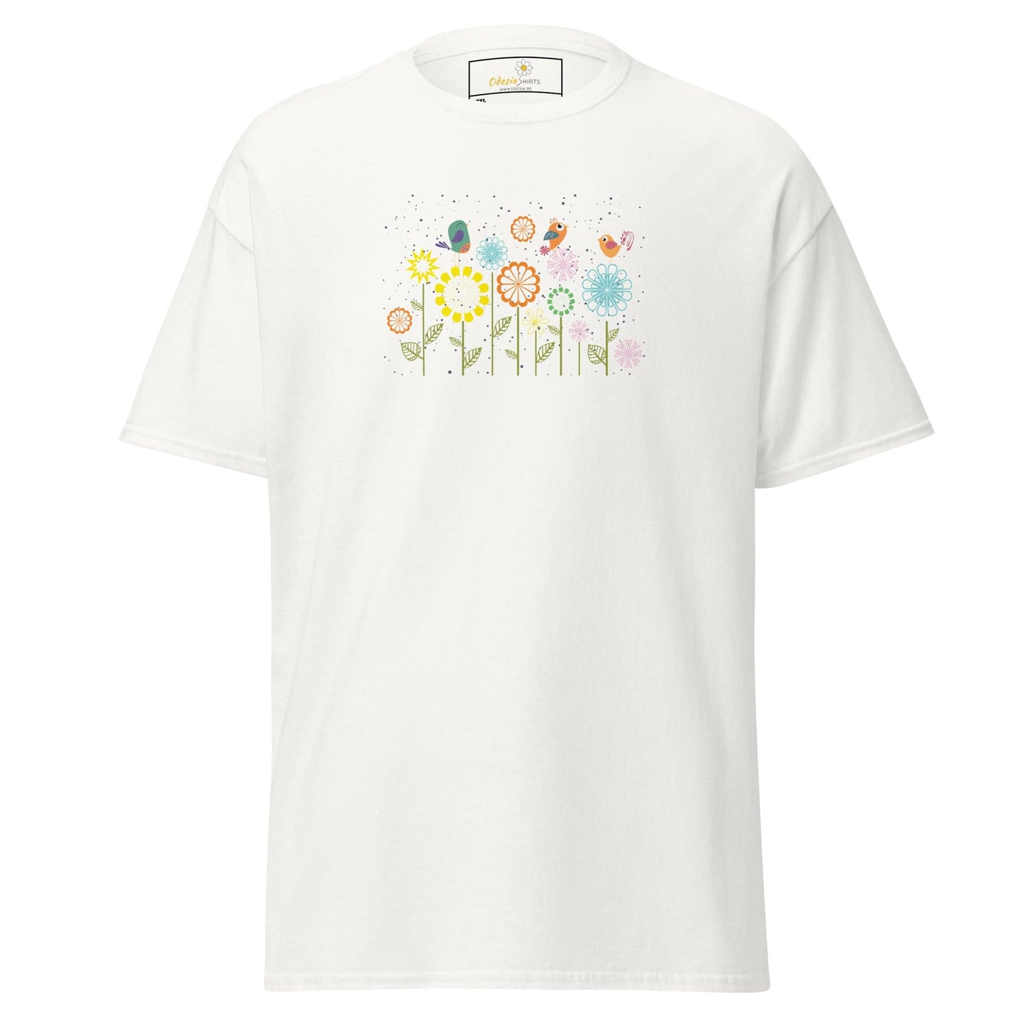 White t-shirt with floral design.