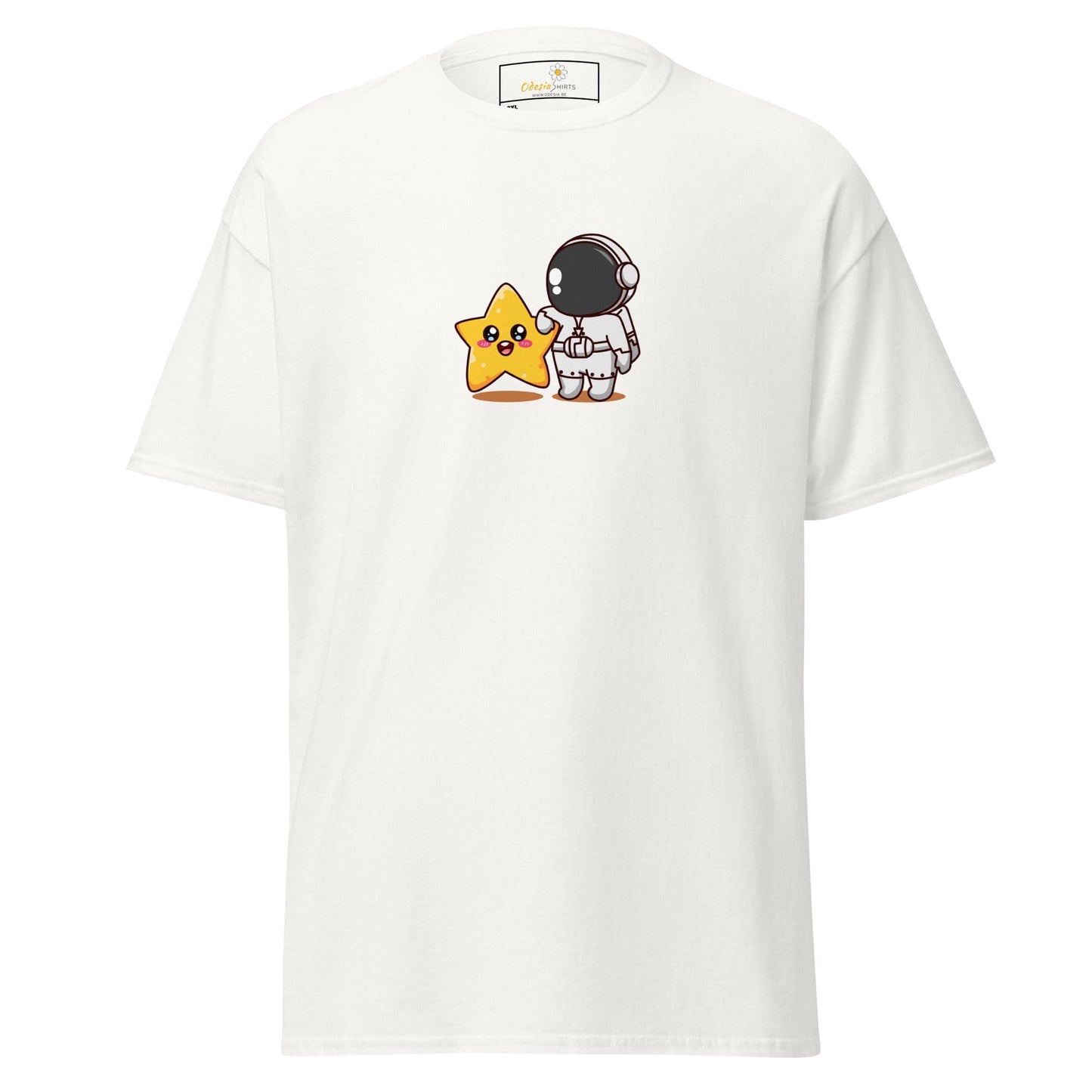 White t-shirt with astronaut and star graphic.