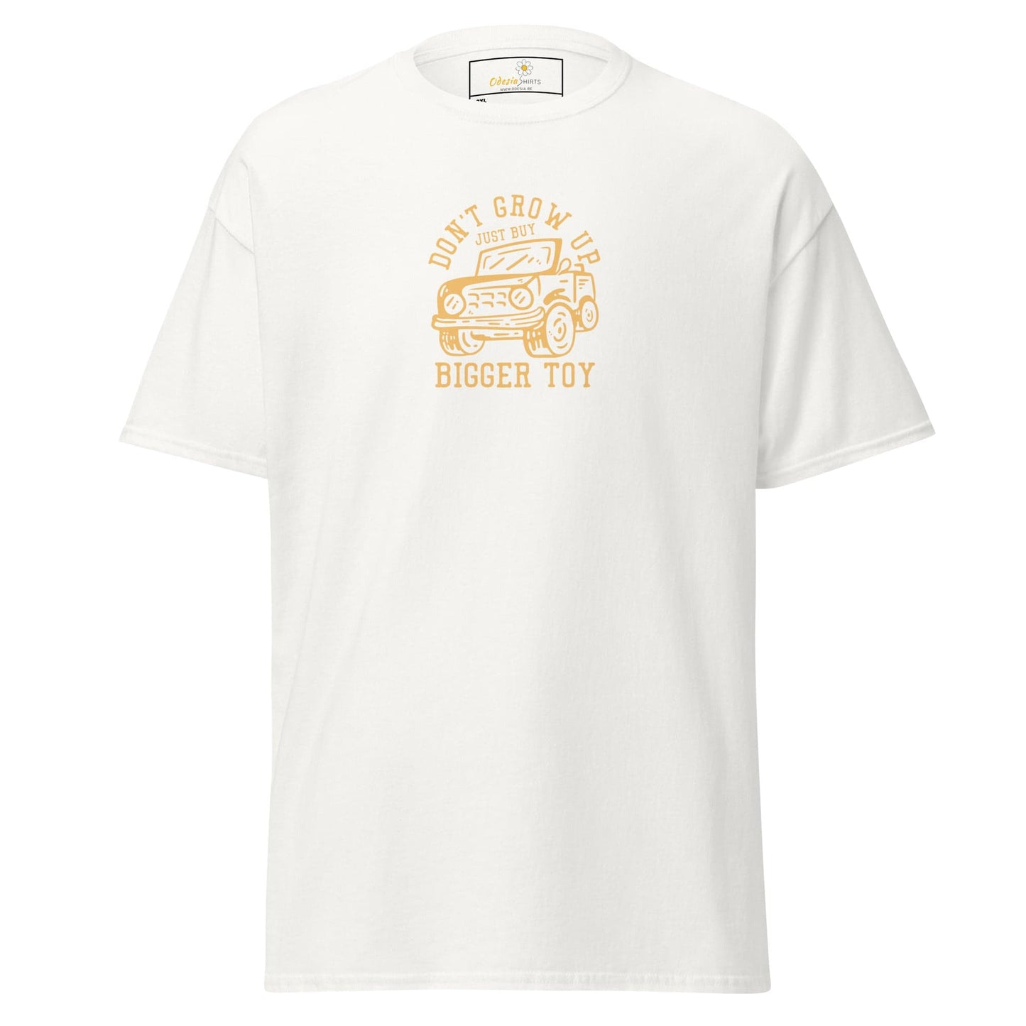 White t-shirt with car graphic.