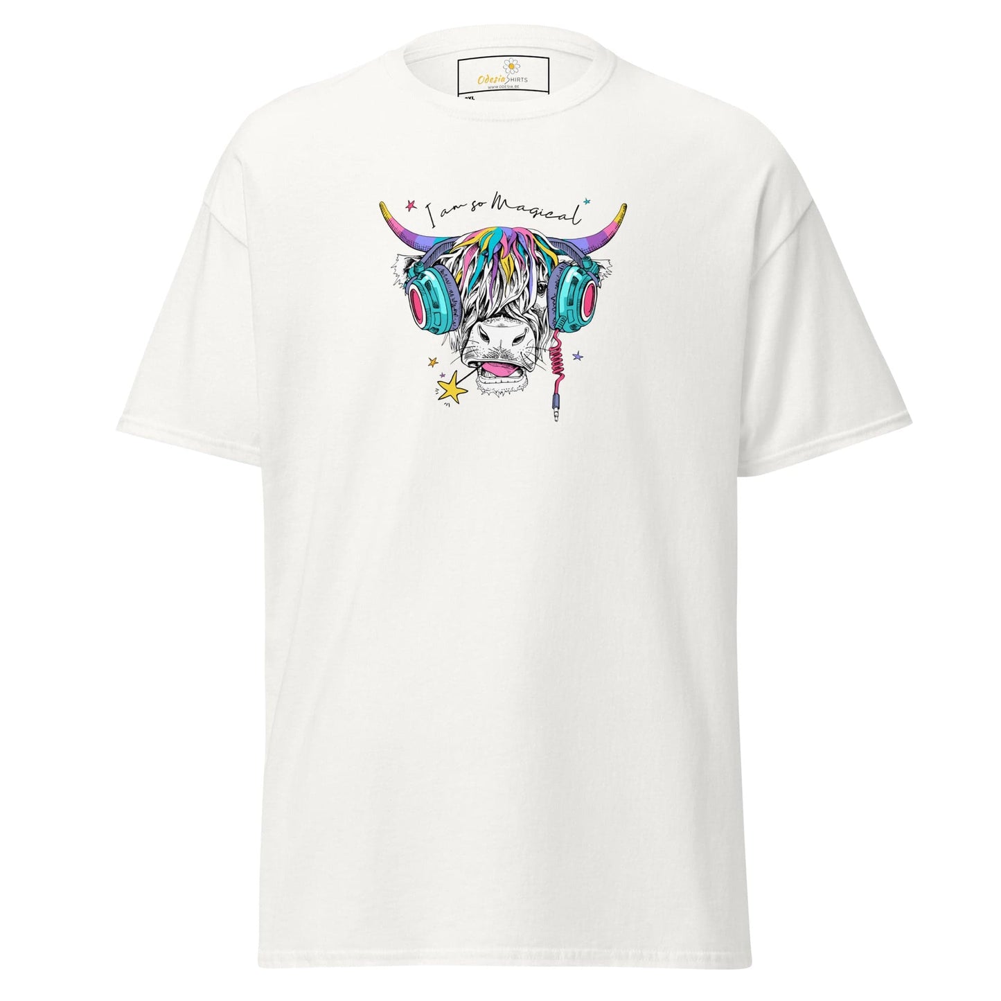 White t-shirt with colorful cow graphic.