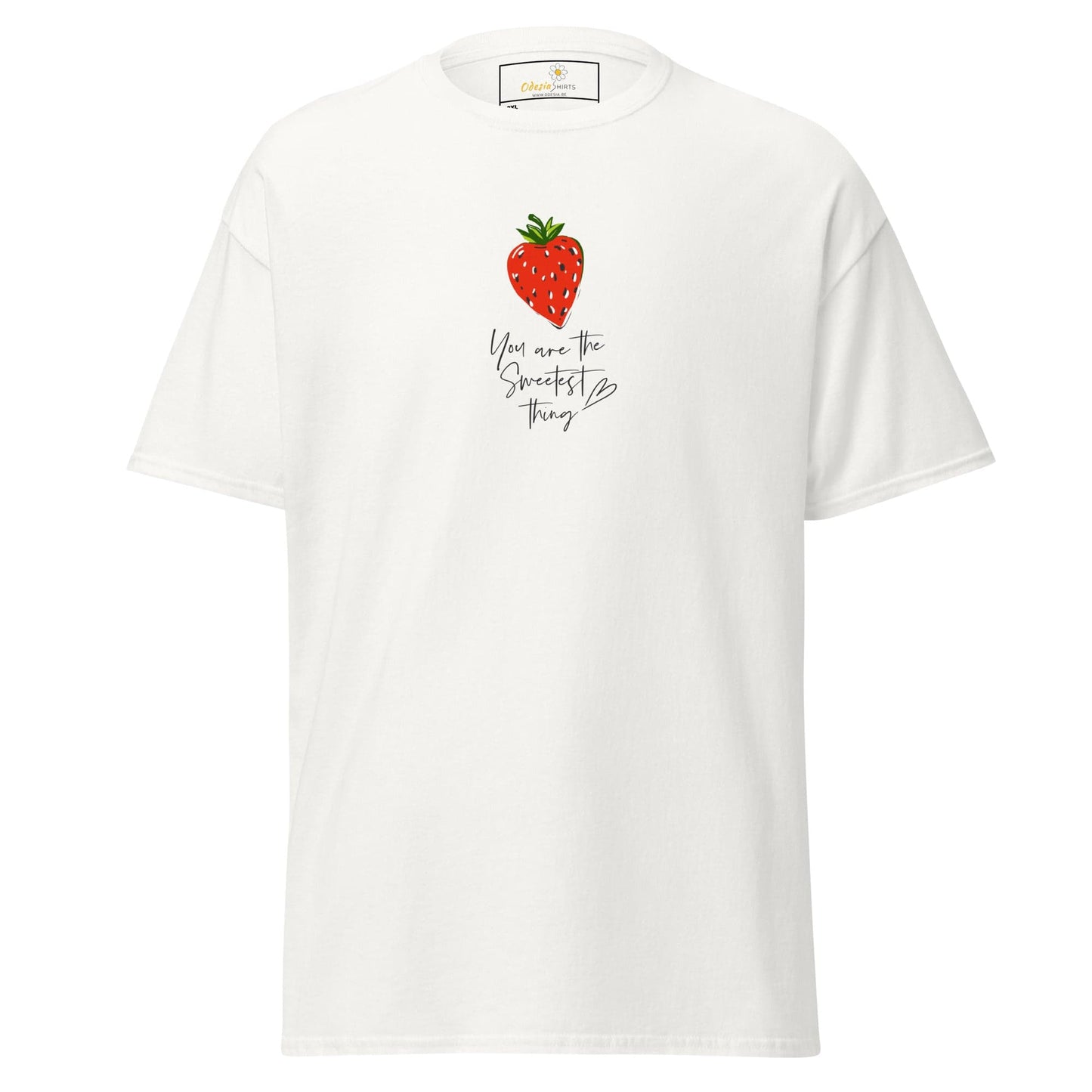 White t-shirt with strawberry design.