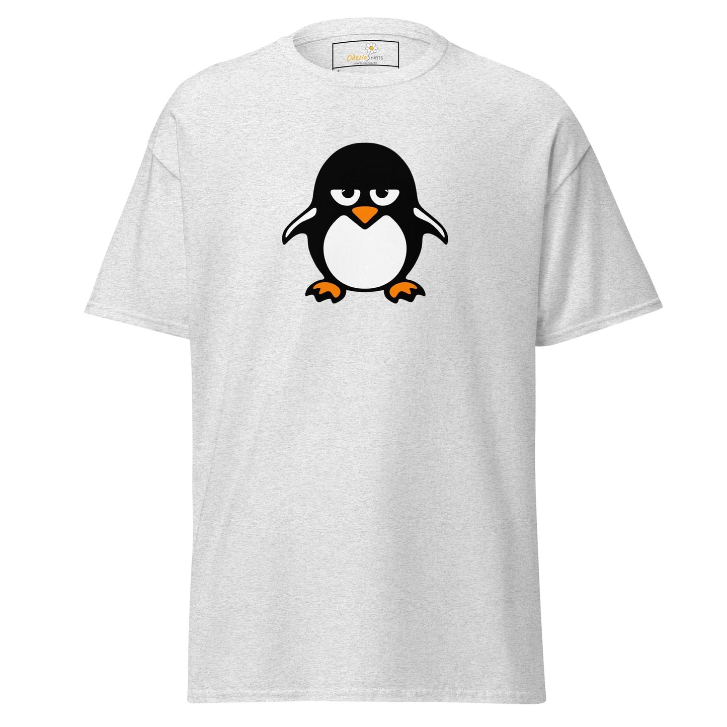 White T-shirt featuring a penguin graphic, available in men’s and women’s sizes S to XL