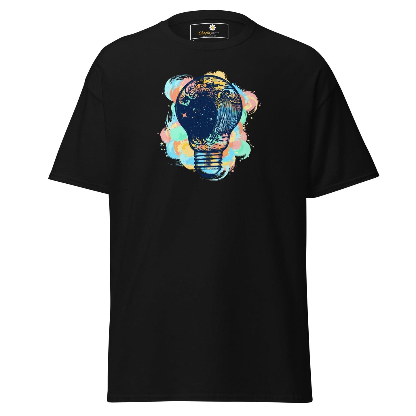 Black T-shirt with lightbulb design available in S to XL sizes for men and women