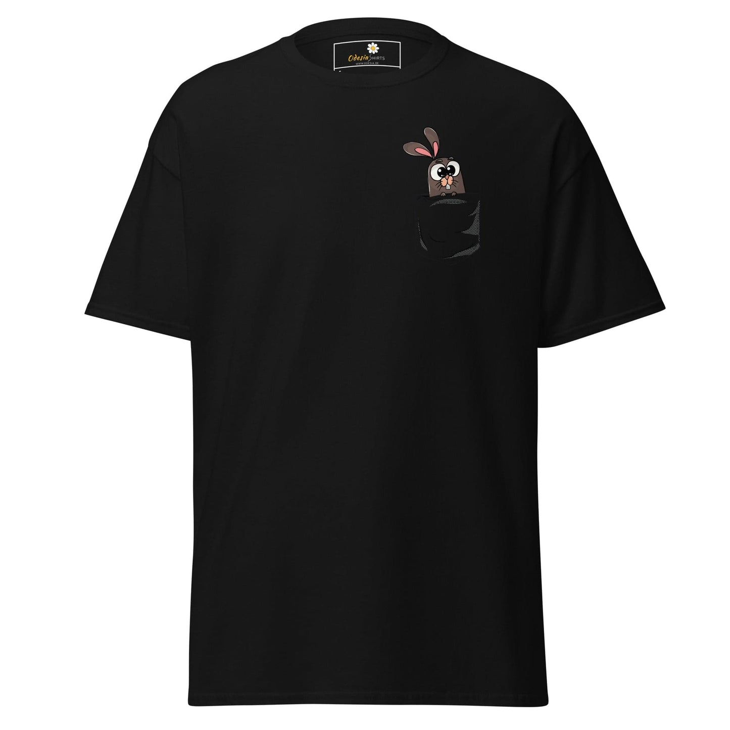 Black T-shirt with cartoon bunny in pocket for Men and Women, available in sizes S to XL