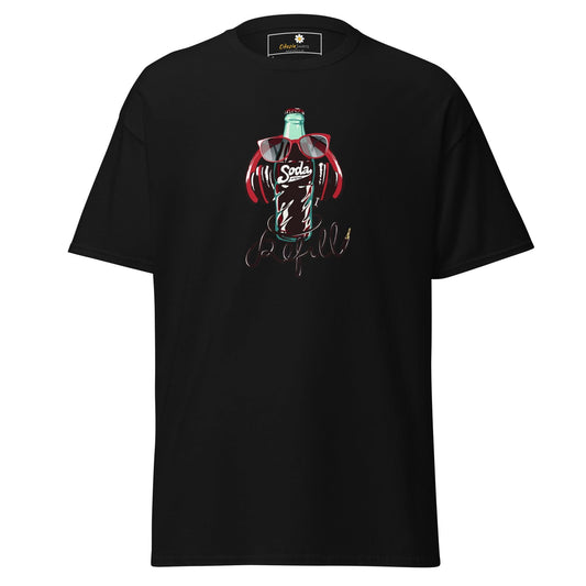 Black T-shirt with soda bottle graphic for men and women in sizes S to XL
