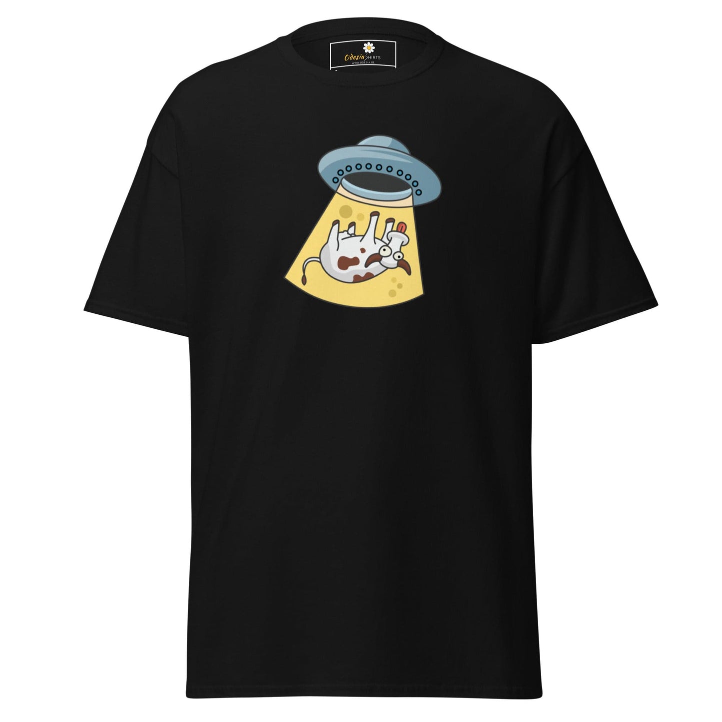 Black T-shirt with alien abduction graphic for men and women in sizes S to XL