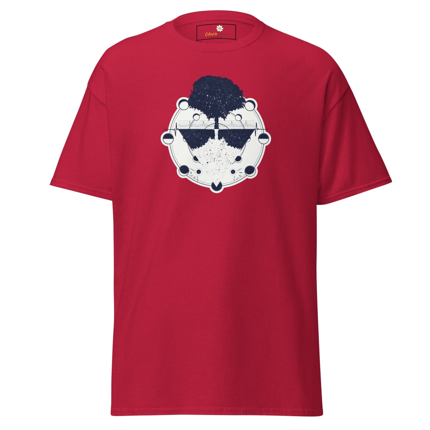 Red T-shirt with Tree and Moon Phases Design for Men and Women in sizes S to XL