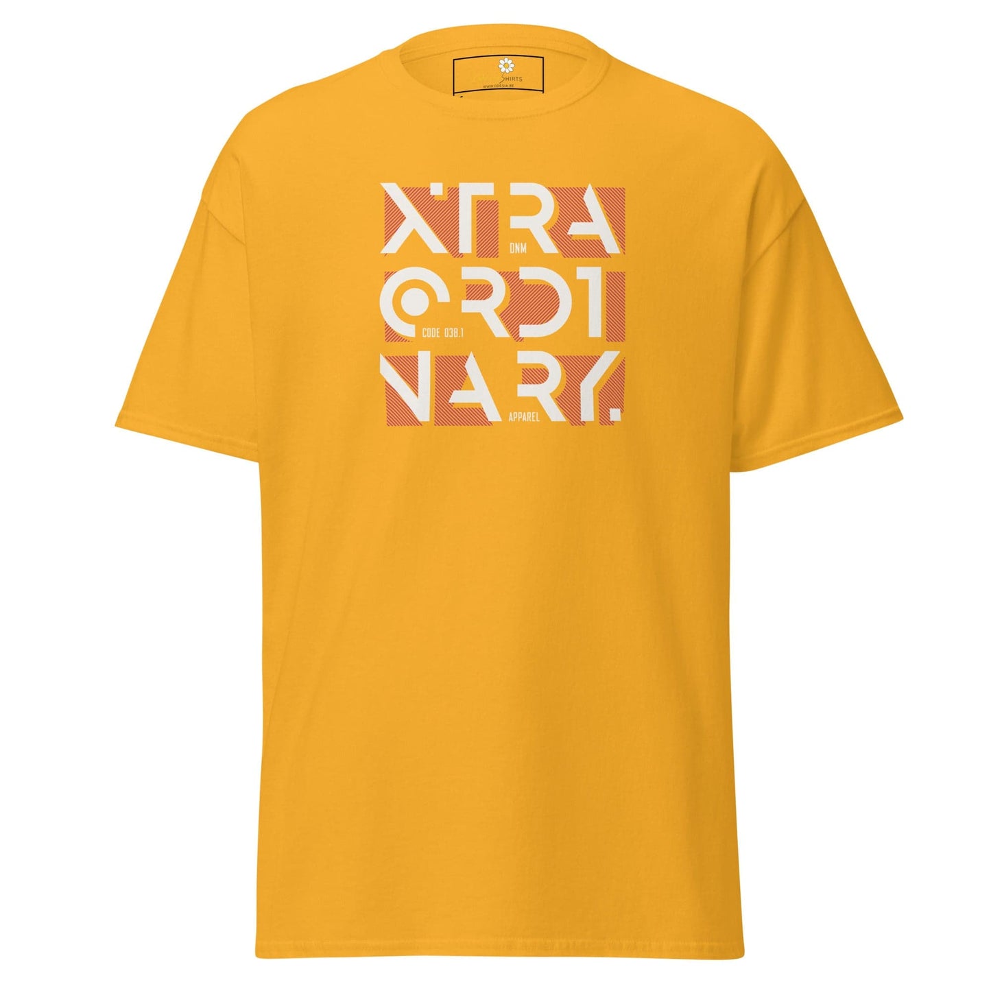 Yellow T-shirt with graphic design, suitable for men and women in sizes S to XL
