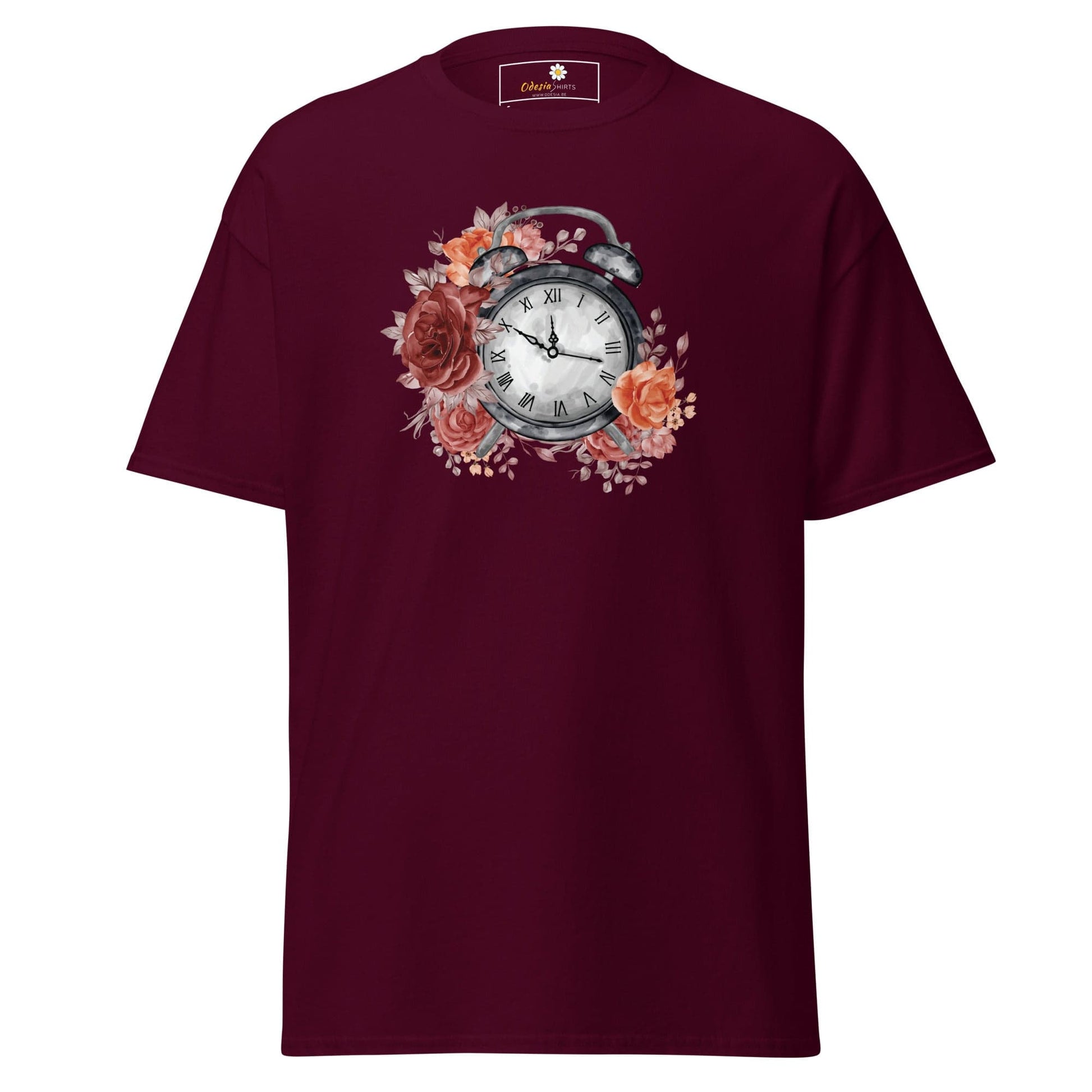 Unisex classic t-shirt - FANTASY CLOCK TIME FLOWERS - REGULAR - Maroon / S