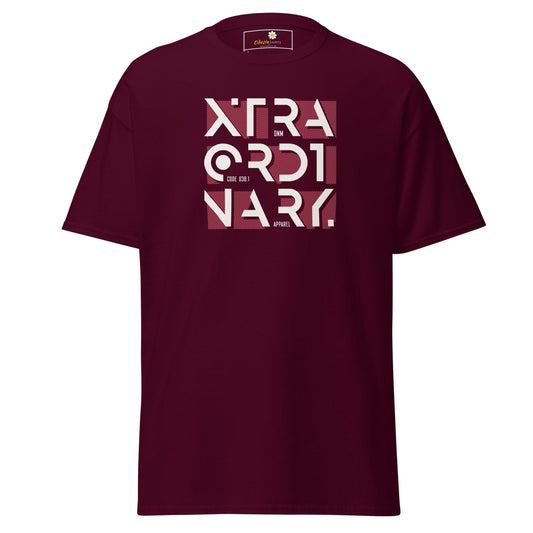 Maroon T-shirt with graphic print for men and women, available in sizes S to XL