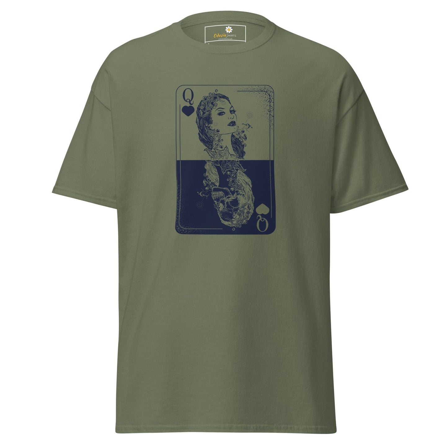 Olive green T-shirt with playing card graphic for men and women in S to XL sizes