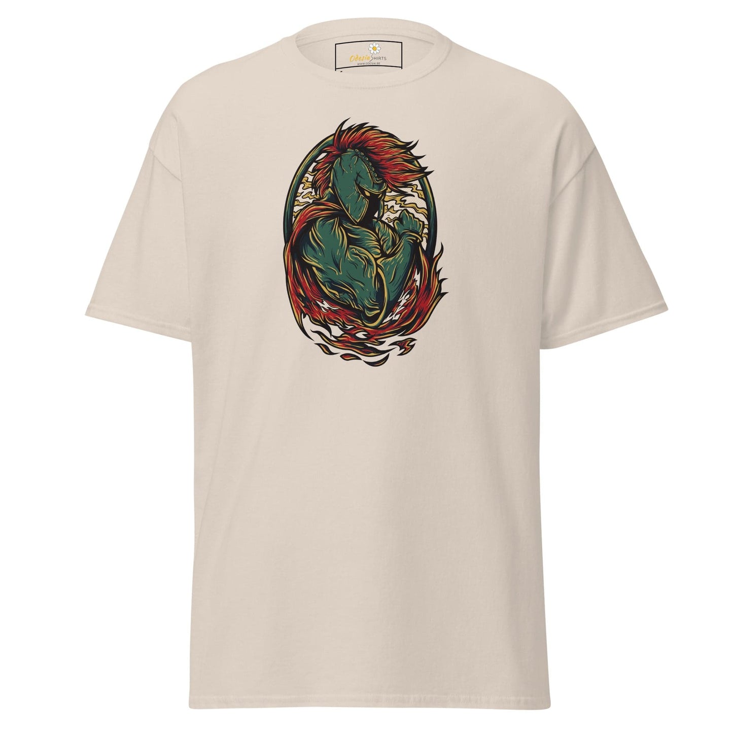 Beige T-shirt featuring a warrior graphic for men and women available in sizes S to XL