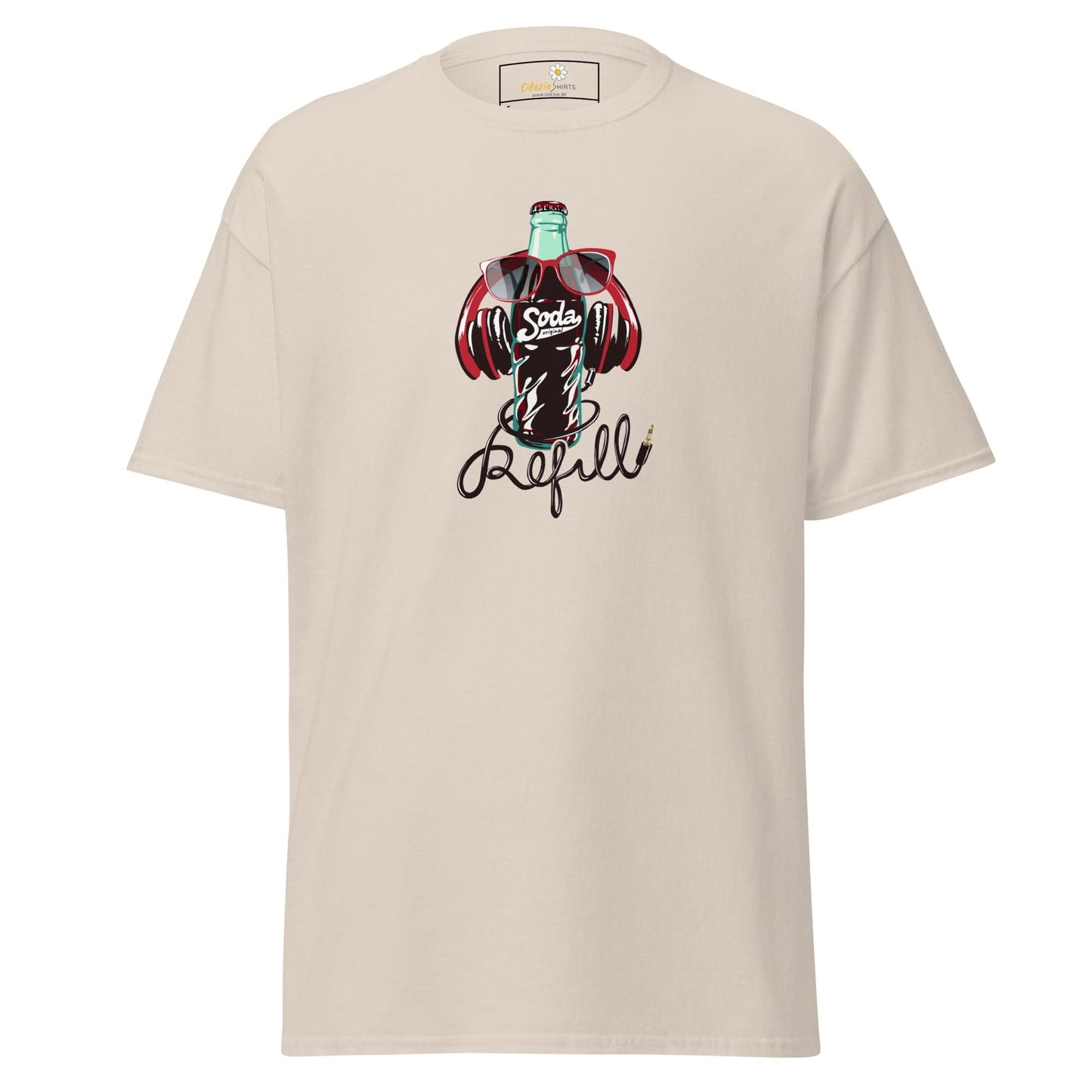 Beige T-shirt with soda bottle graphic for men and women in sizes S to XL
