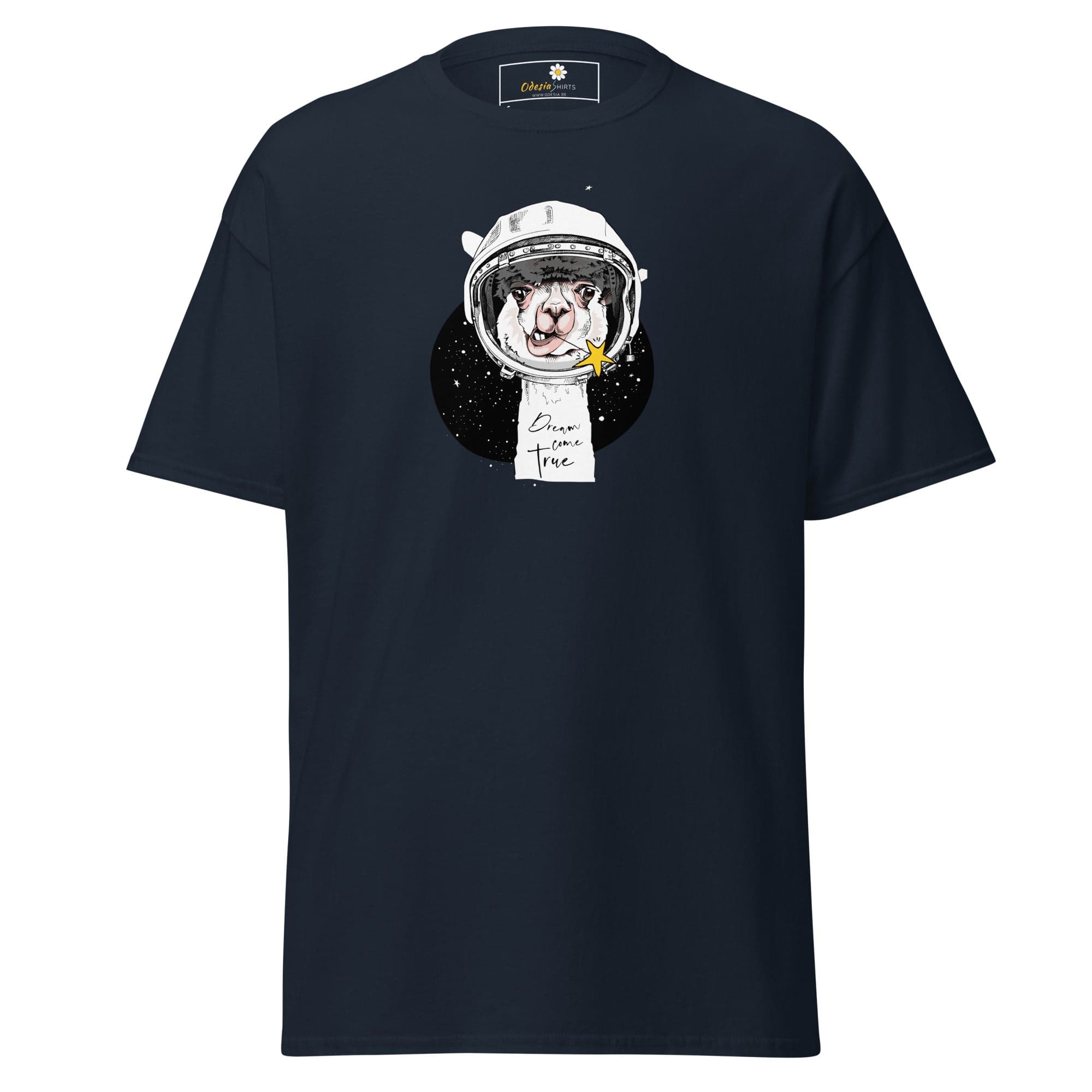 Navy blue T-shirt with astronaut llama graphic for men and women in sizes S to XL