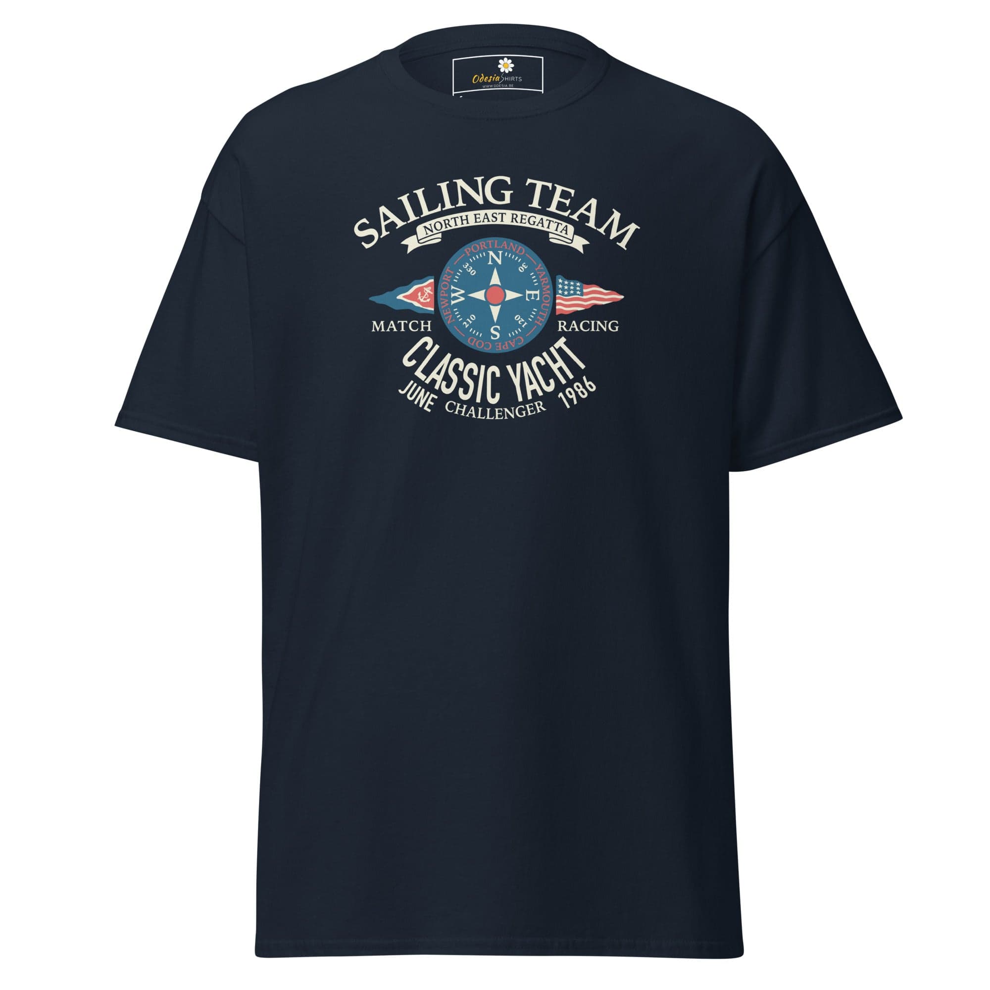 Navy blue t-shirt with sailing team graphic available in S to XL sizes for men and women