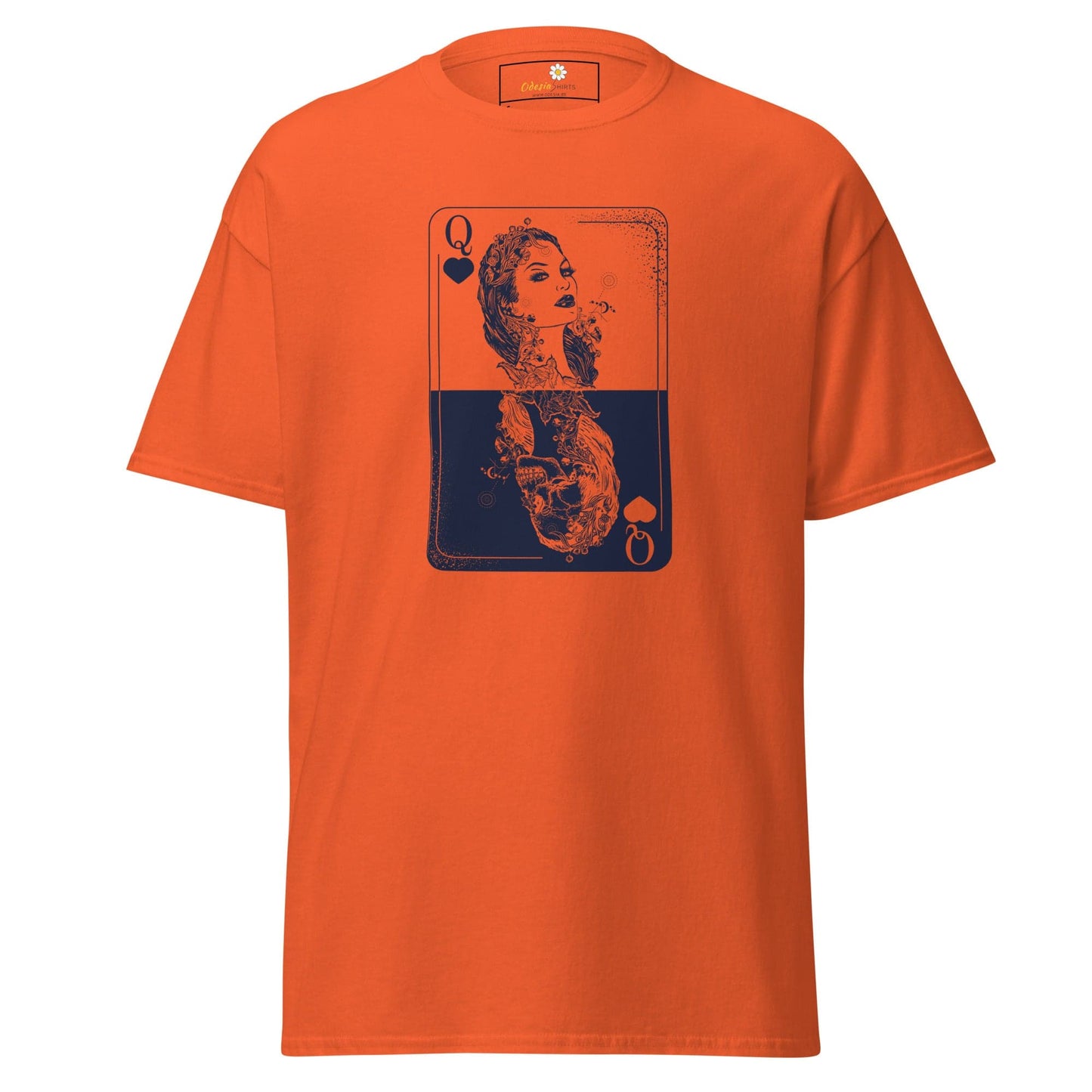 Orange T-shirt with playing card graphic for Men and Women in sizes S to XL