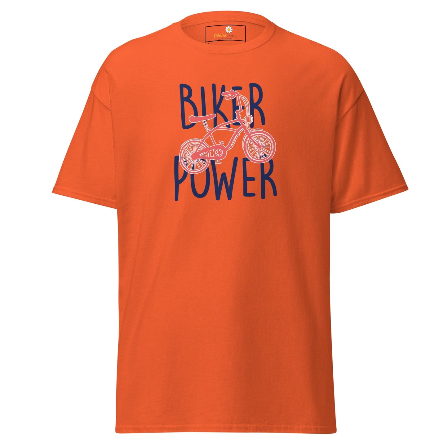 Orange T-shirt with bicycle graphic from T-SHIRT DESIGN TEE for Men and Women in various sizes