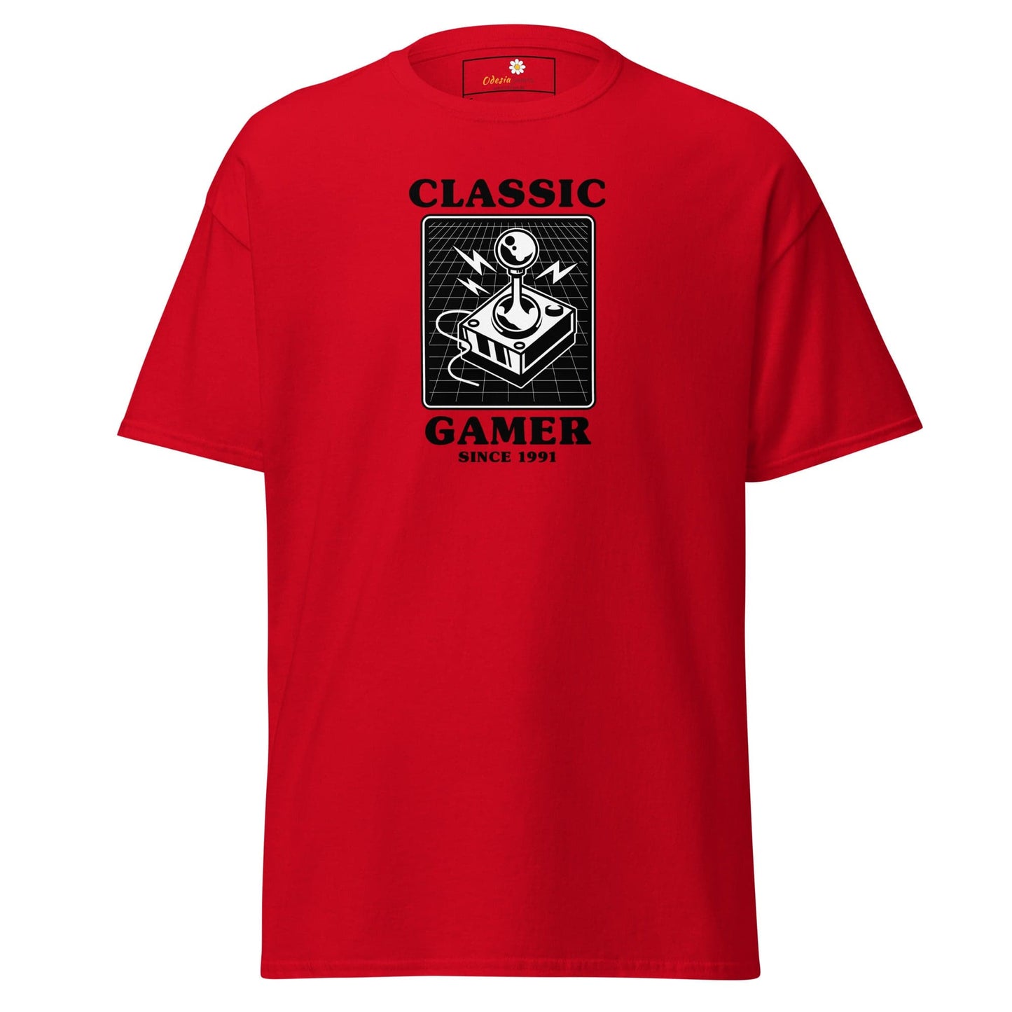 Red T-shirt with retro gaming design for men and women in S to XL sizes