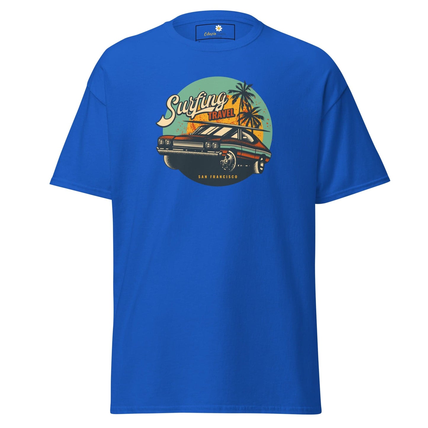 Blue T-shirt with car graphic for men and women in sizes S to XL
