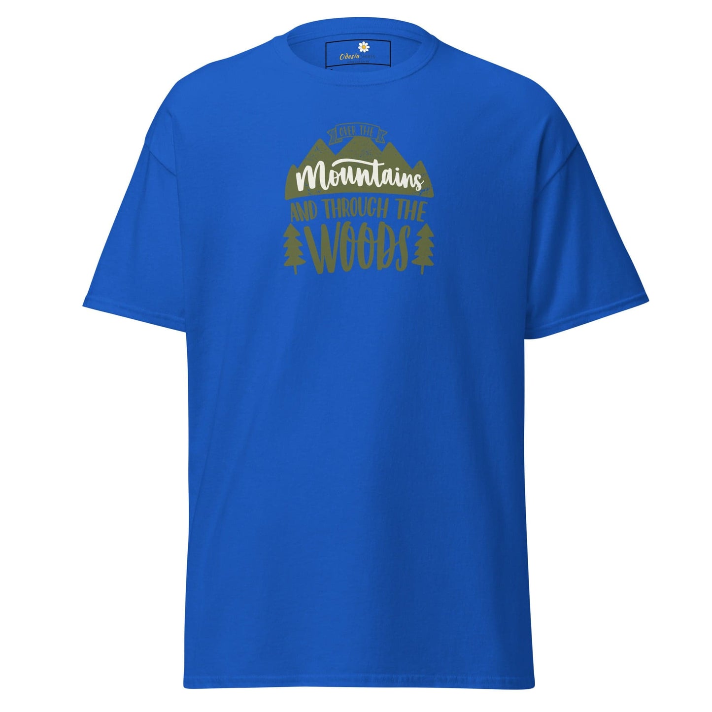Blue T-shirt with mountain and woods graphic, ideal for men and women sizes S to XL