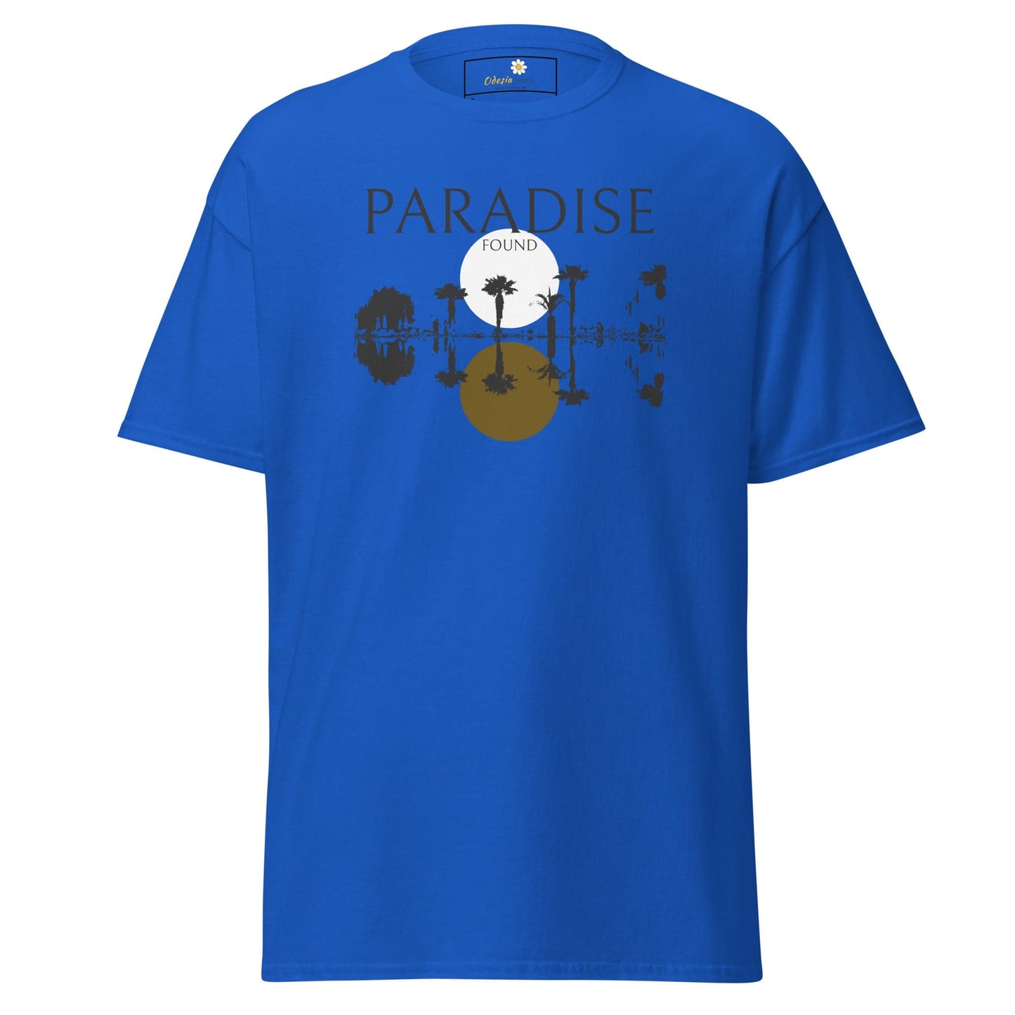 Blue T-shirt featuring vibrant tropical design, suitable for men and women in S-XL sizes