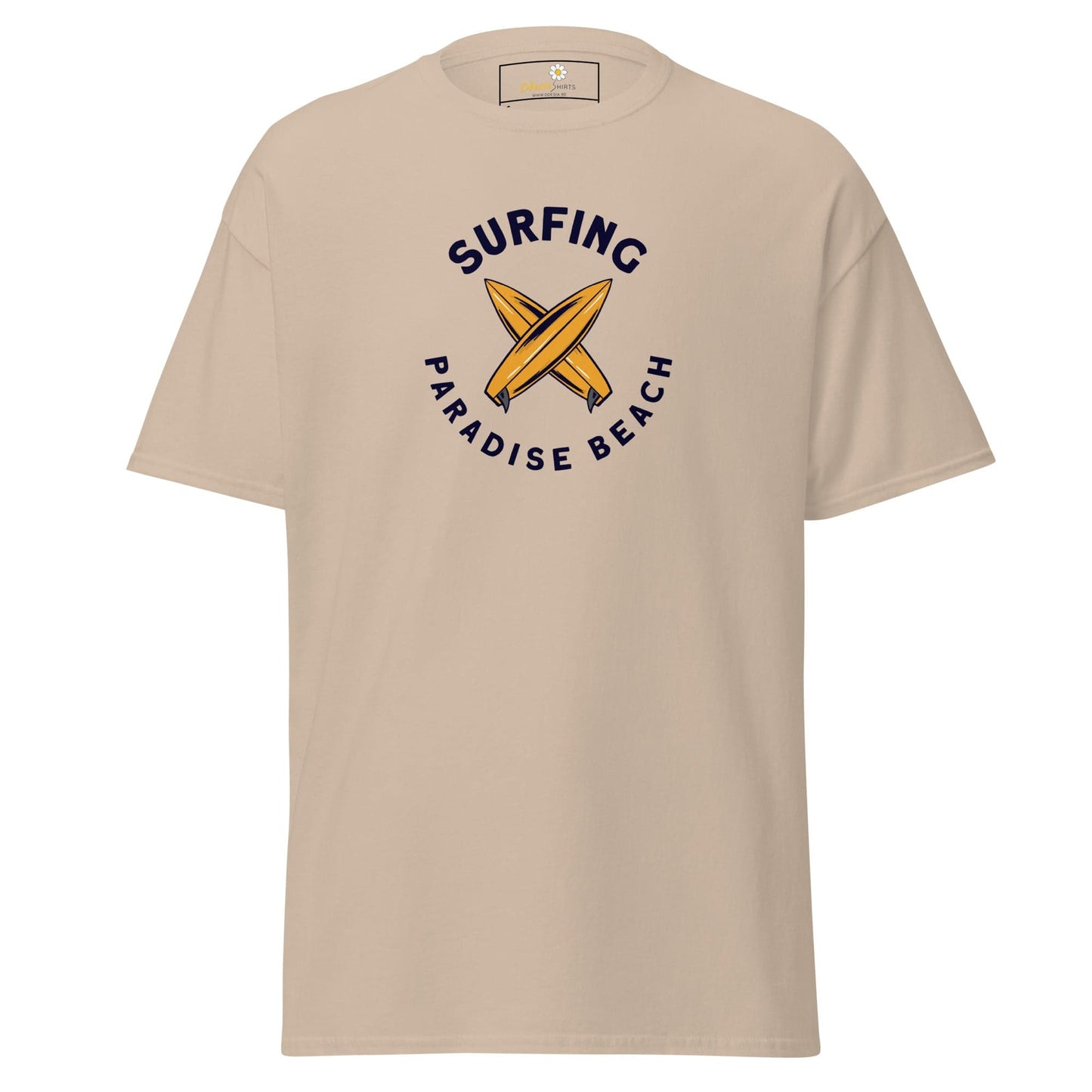 Beige T-shirt with surfing graphic for men and women in sizes S to XL