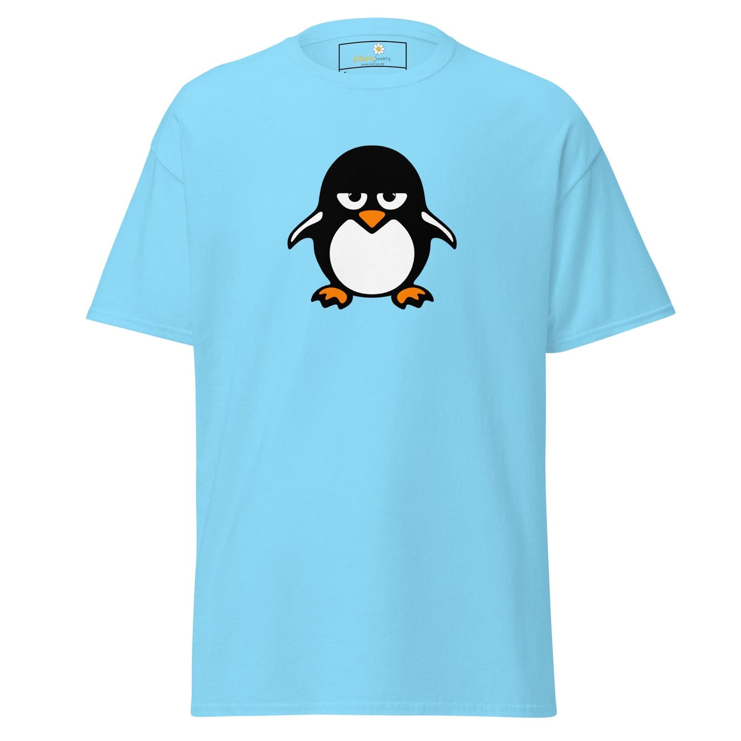 Light blue T-shirt featuring a grumpy penguin design for men and women in S to XL sizes