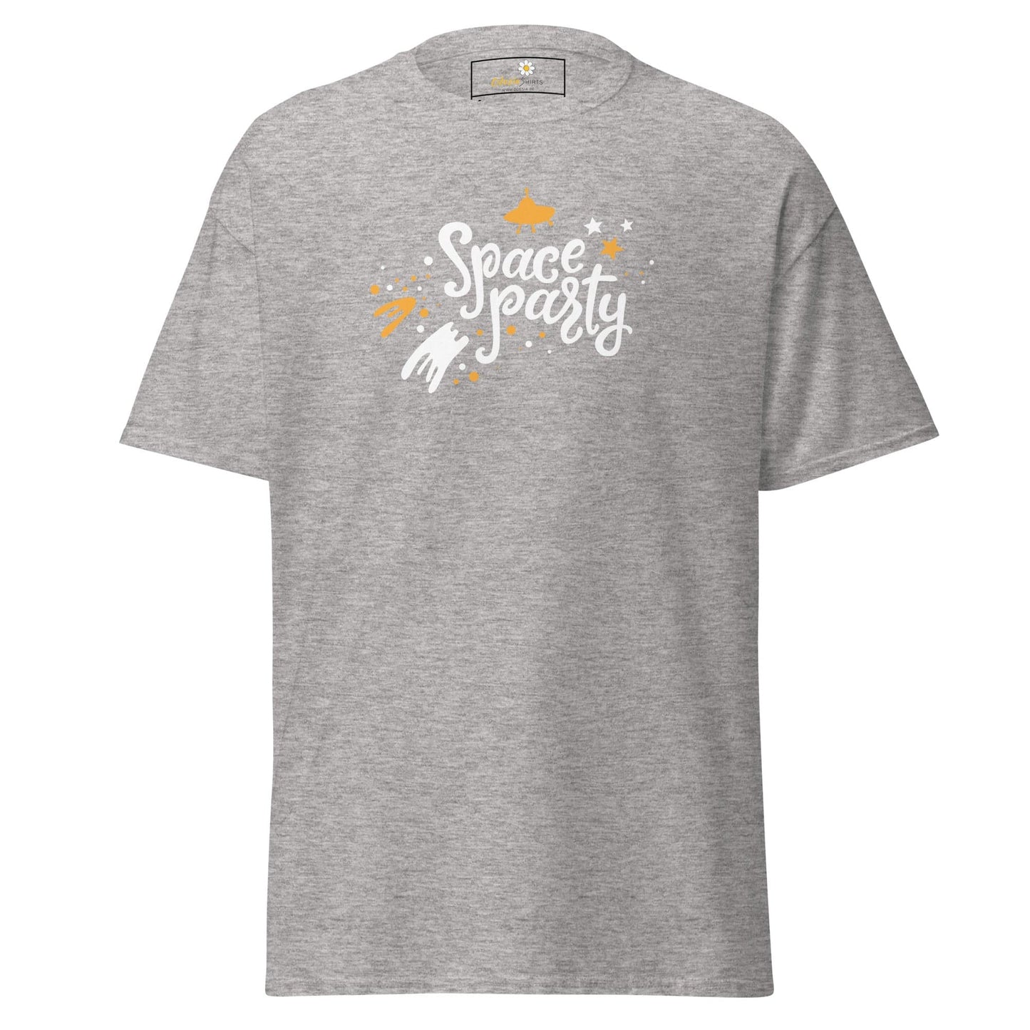 Gray T-shirt with Space Party design for men and women available in size S to XL