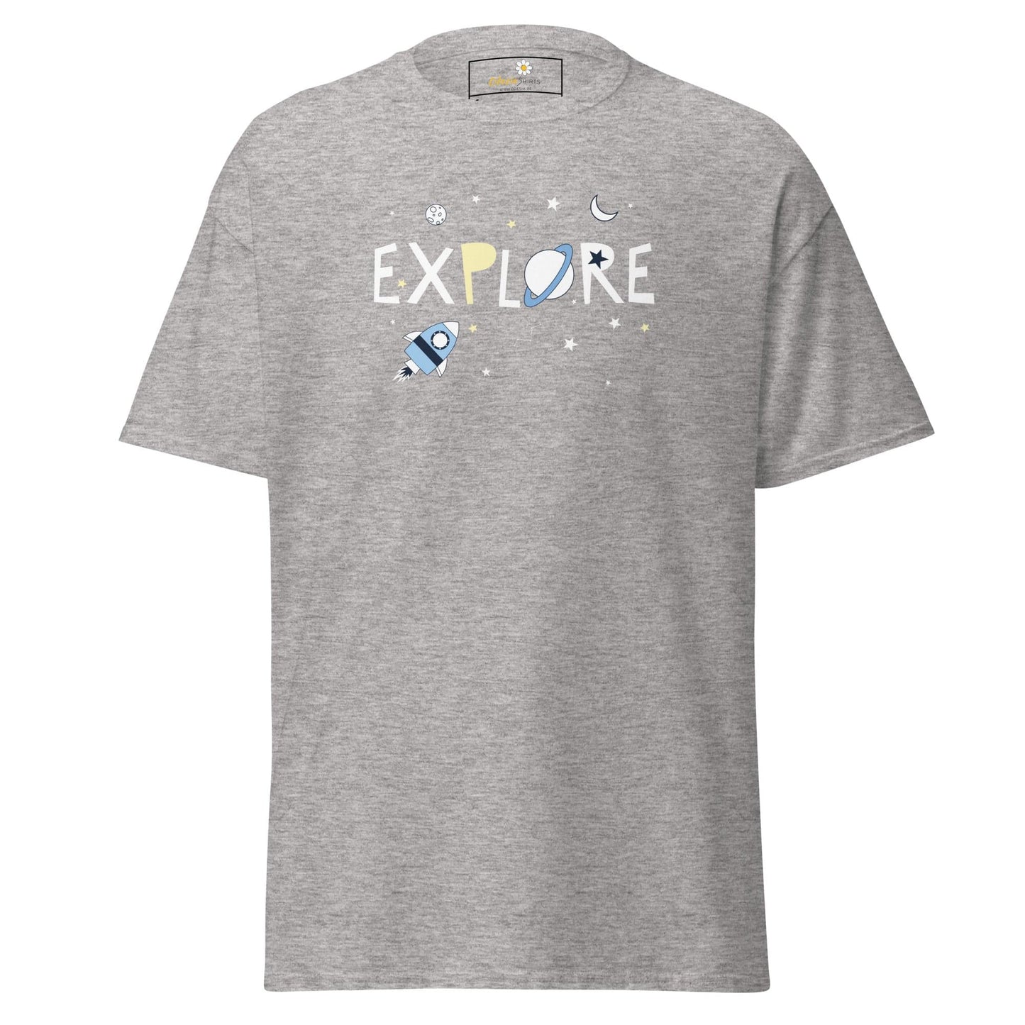 Gray T-shirt with space-themed design for Men and Women, available in sizes S to XL