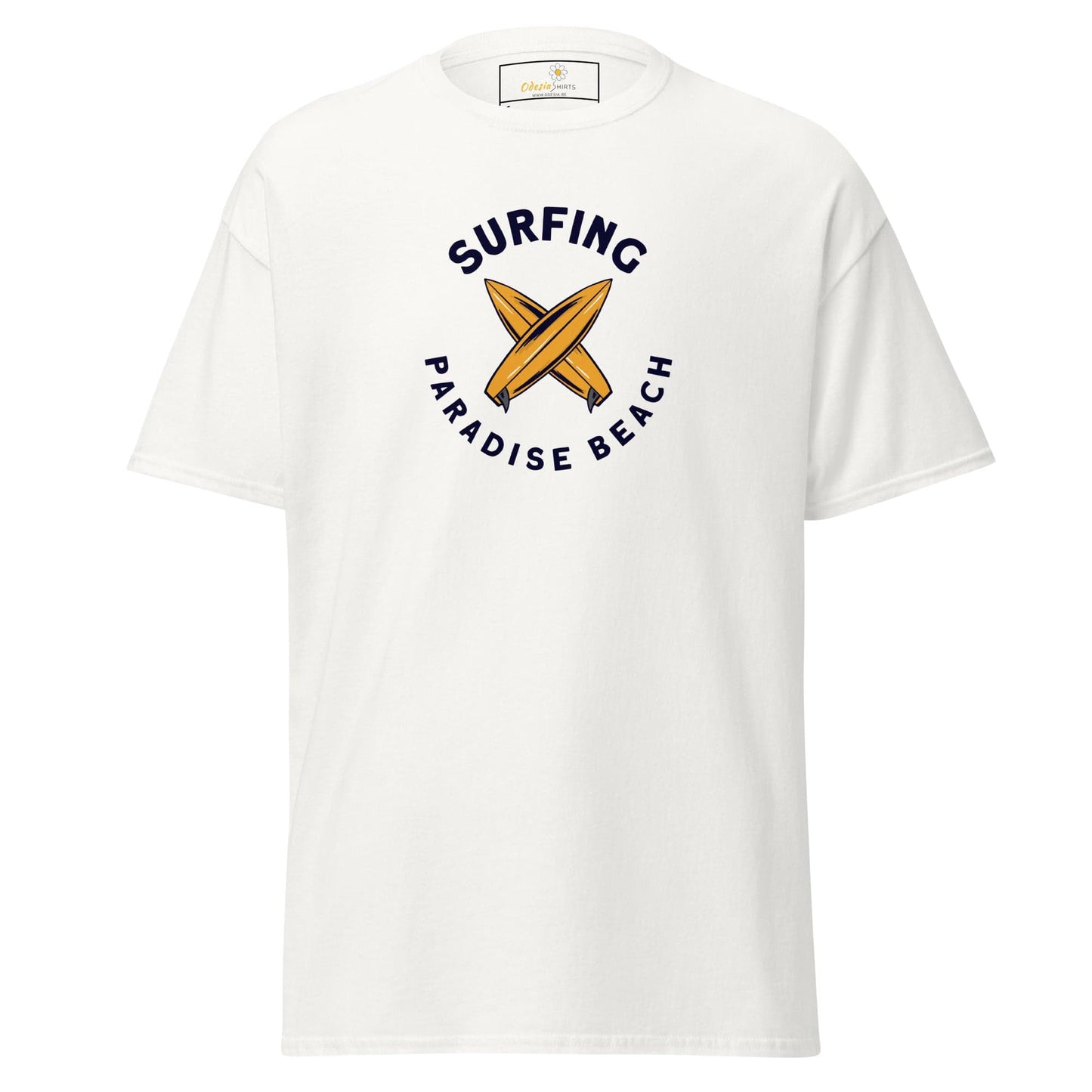 White T-shirt with surfing design for men and women, available in sizes S to XL