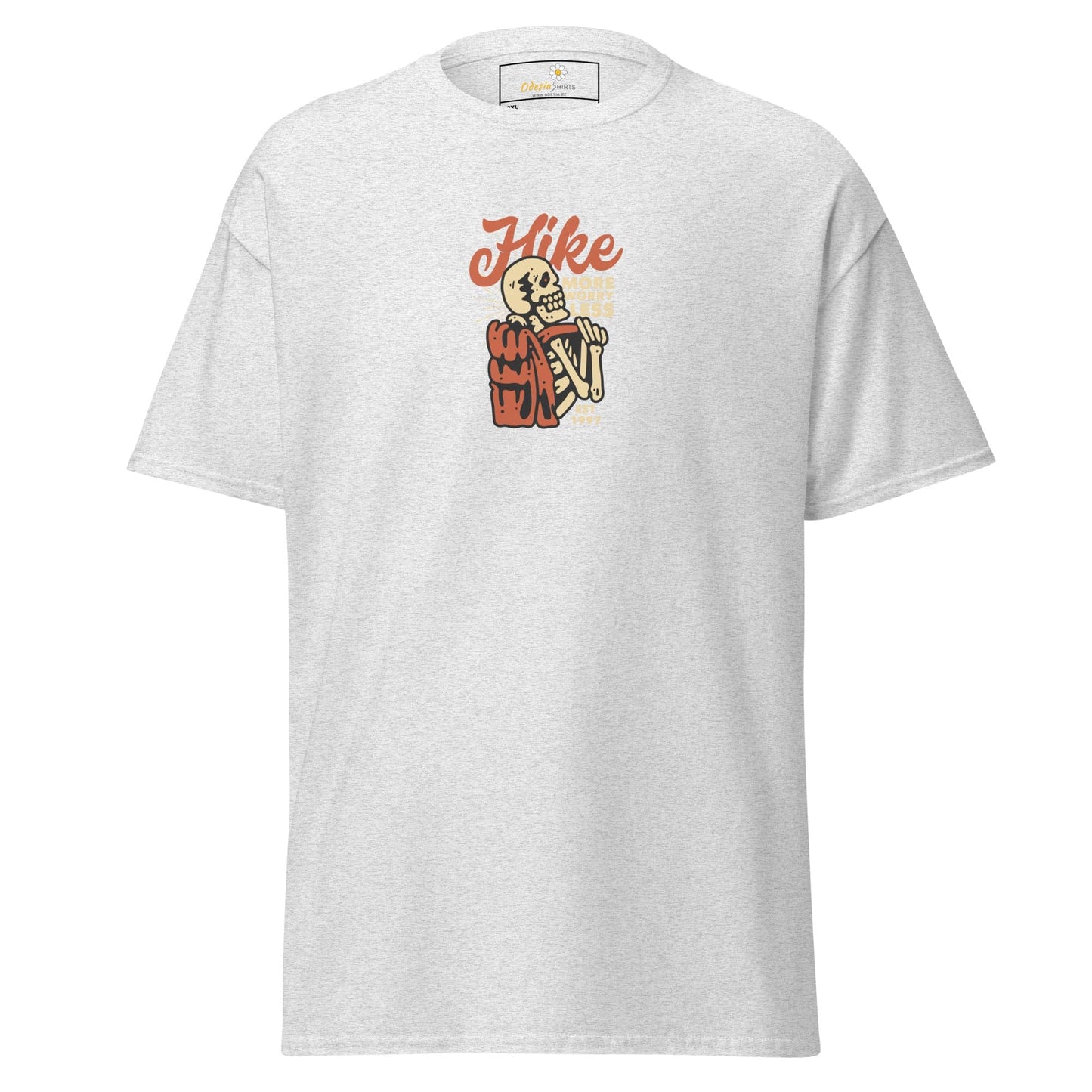 White t-shirt with skeleton hiker graphic.