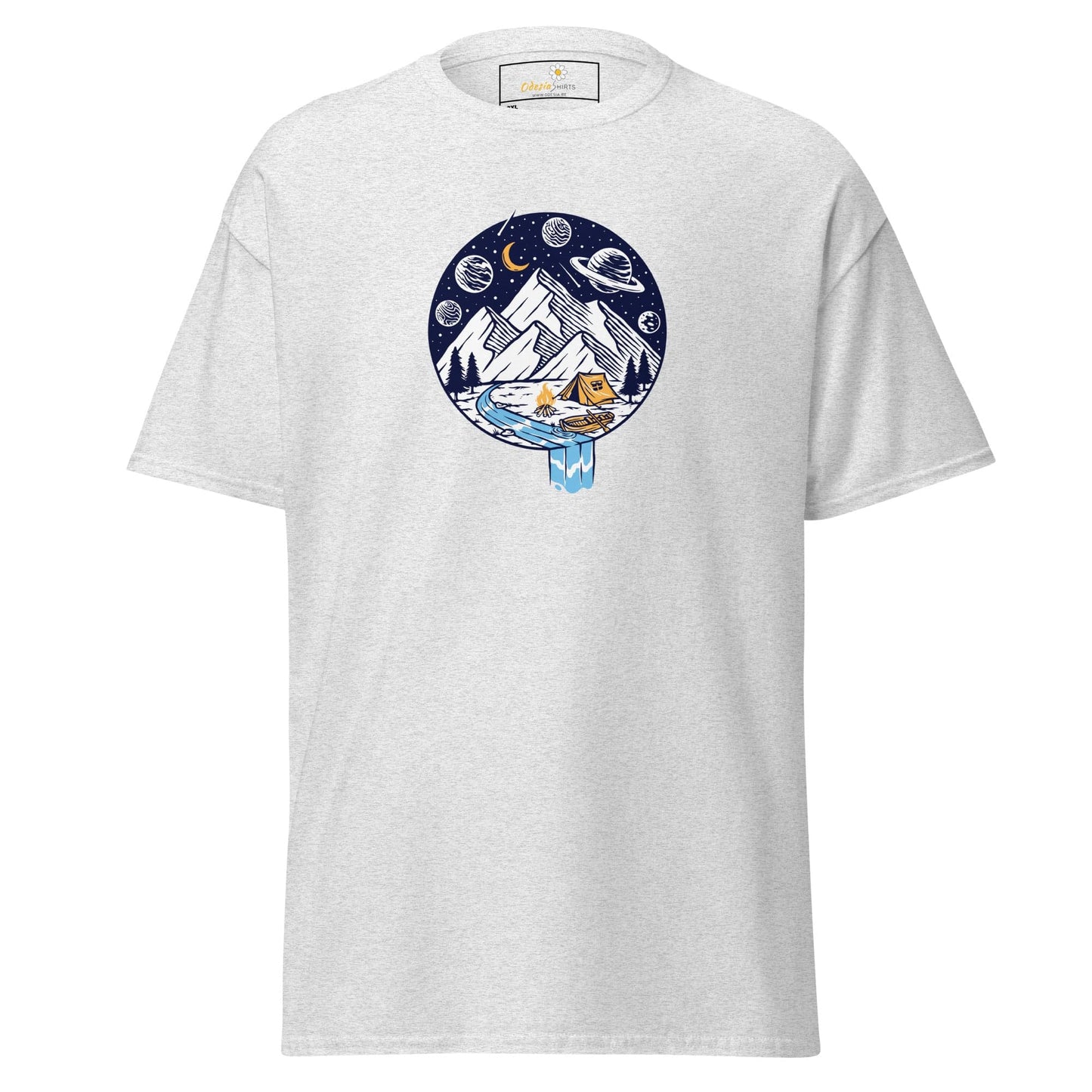 White t-shirt with camping graphic.