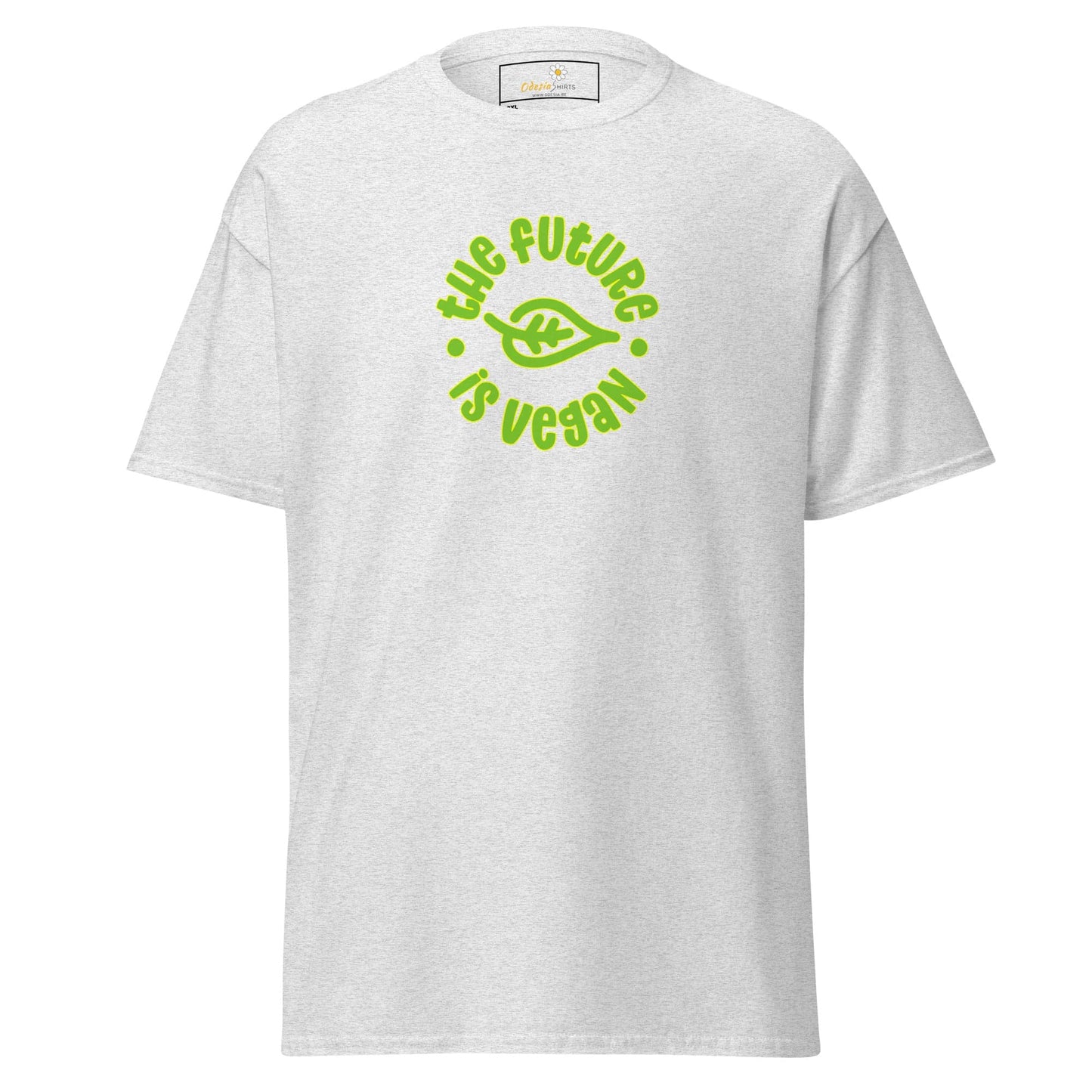 White t-shirt with vegan slogan.