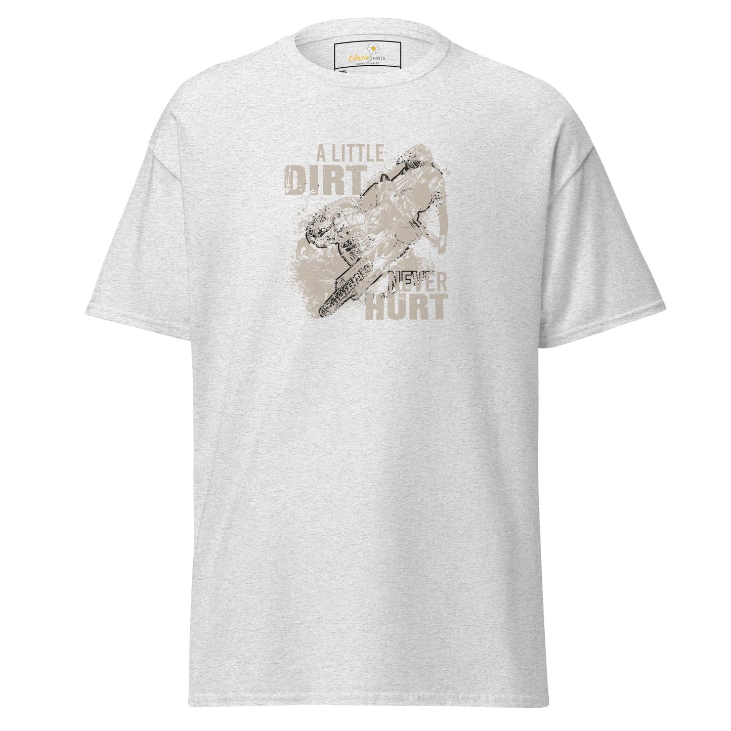 White t-shirt with dirt bike graphic.