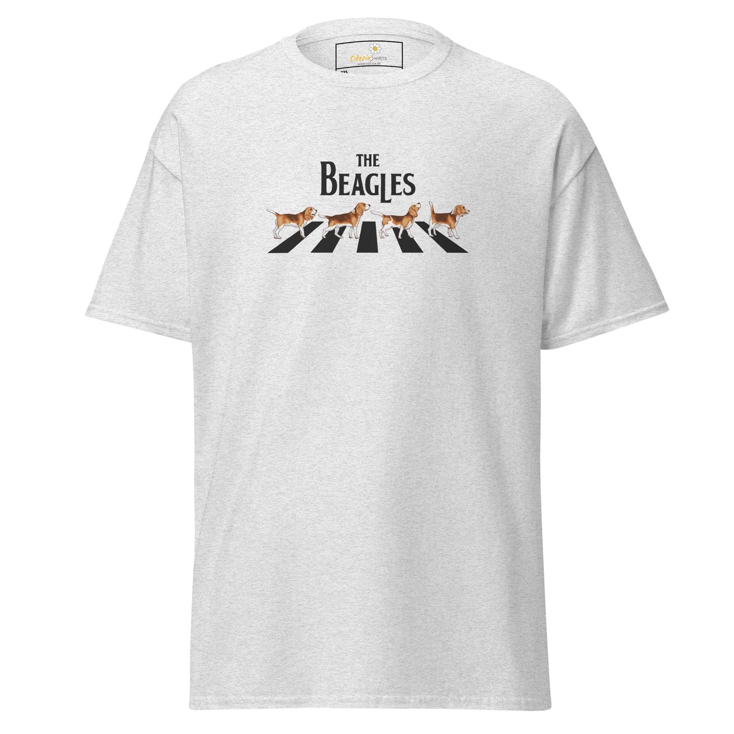 White t-shirt with ’The Beagles’ graphic.