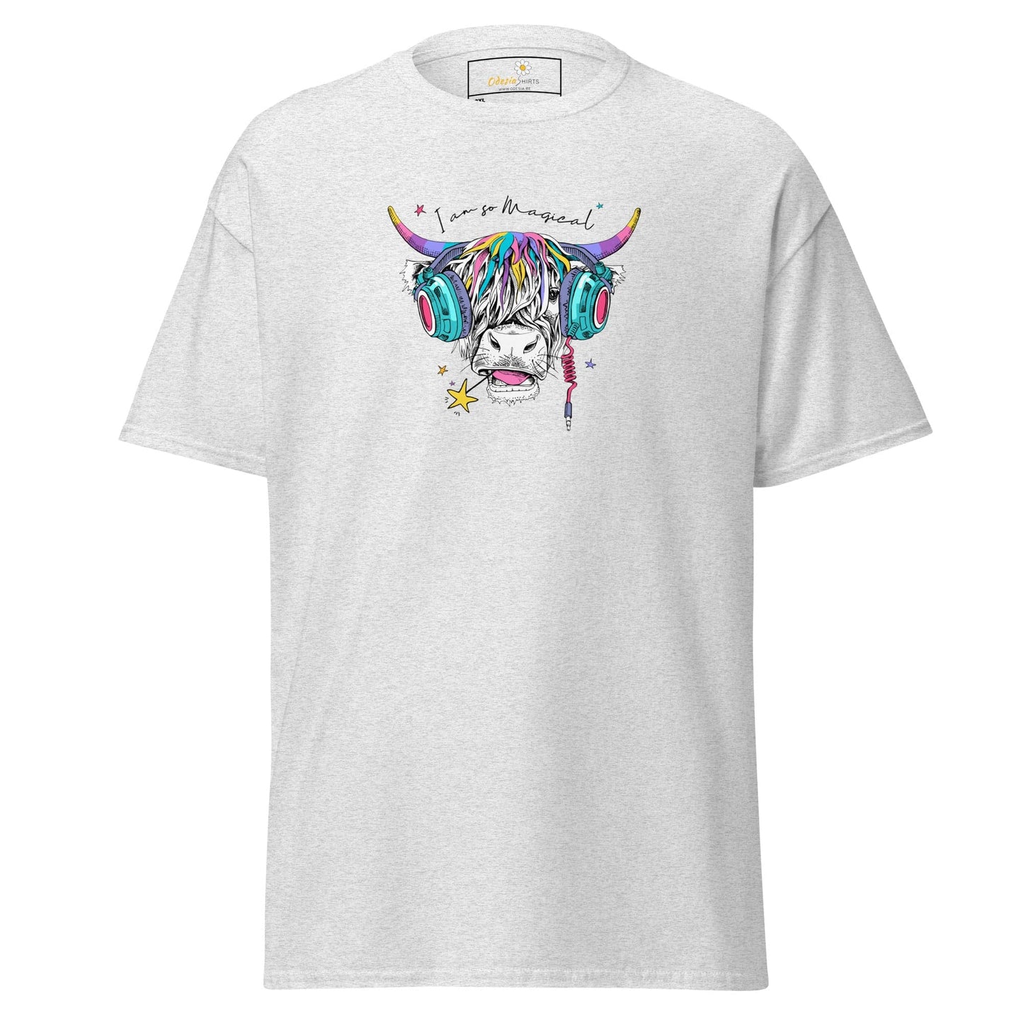 White t-shirt with colorful cow graphic.