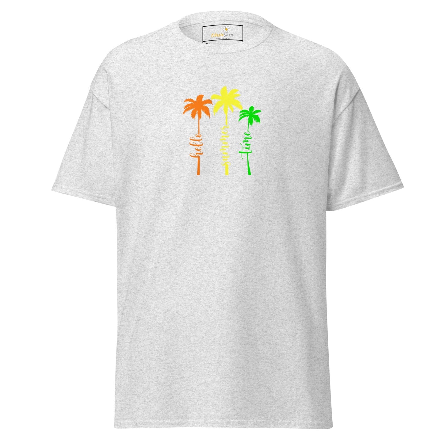 White t-shirt with colorful palm tree design.
