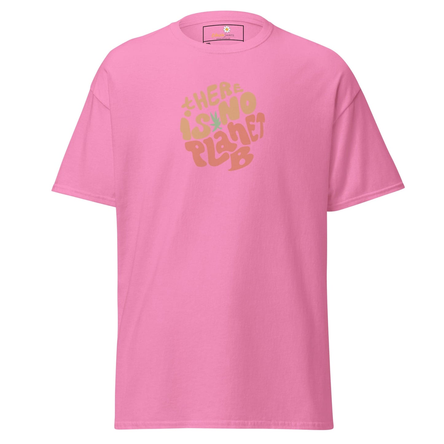 Pink t-shirt with graphic.