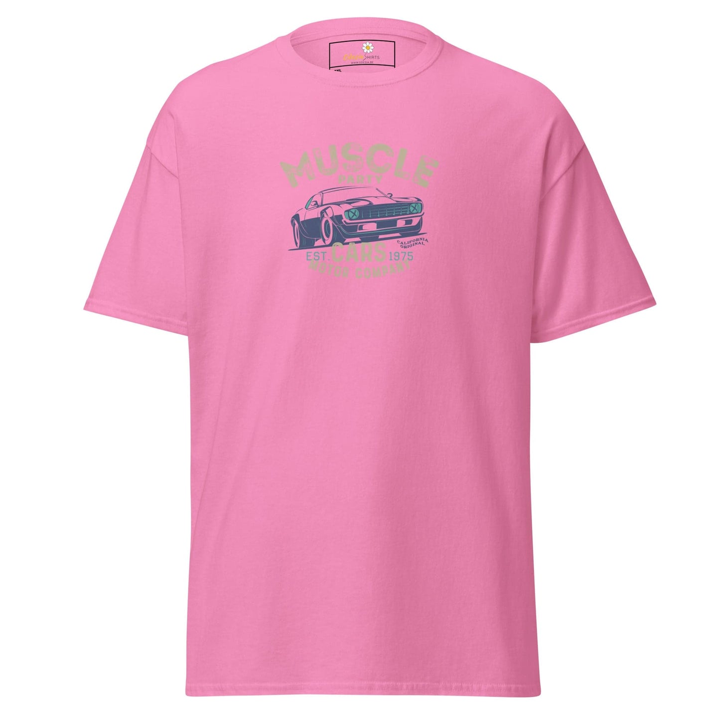 Pink t-shirt with car graphic.