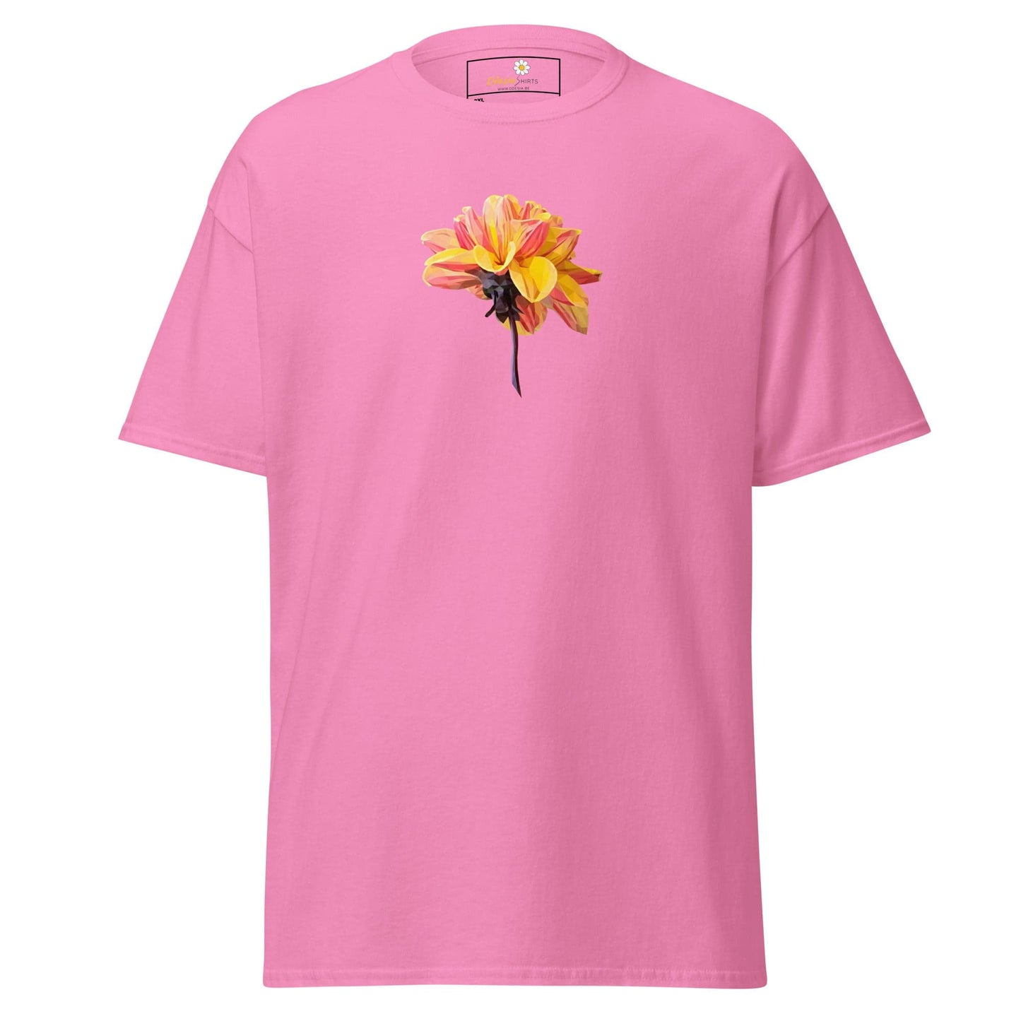 Pink t-shirt with flower graphic.