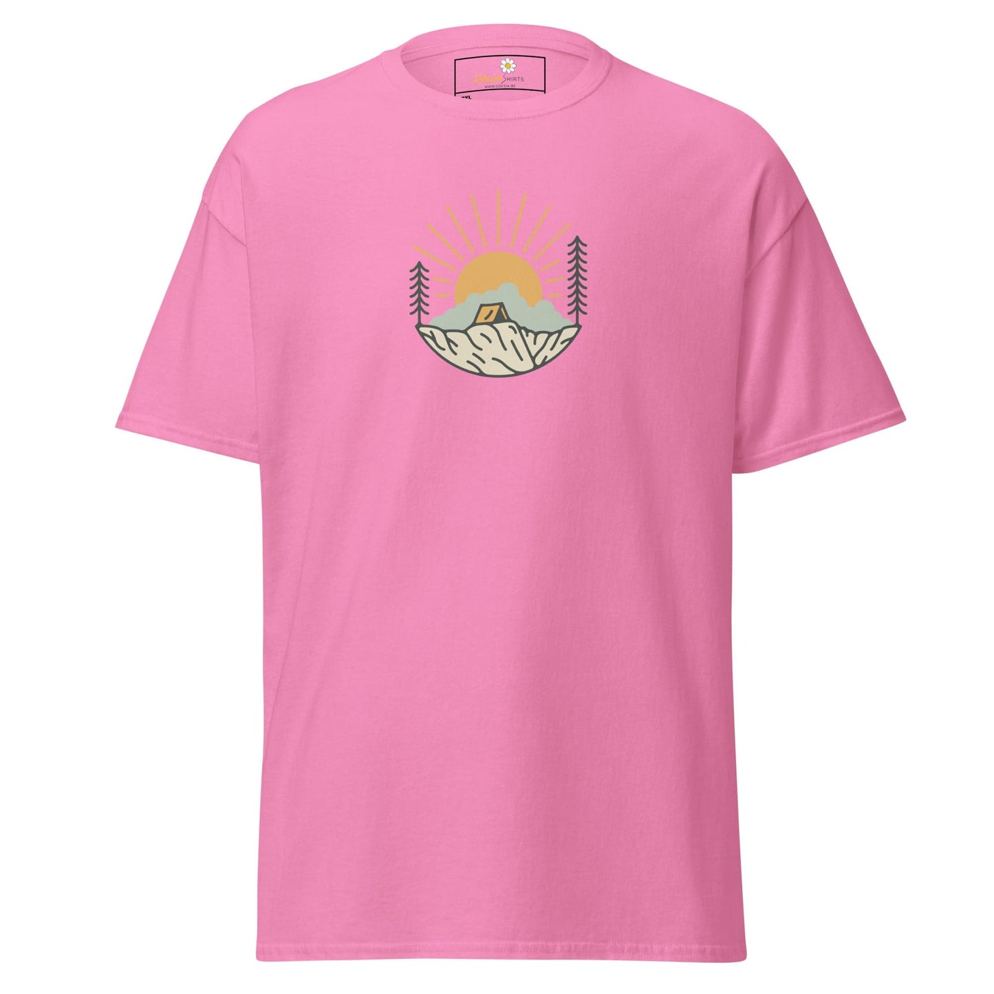 Pink t-shirt with camping graphic.