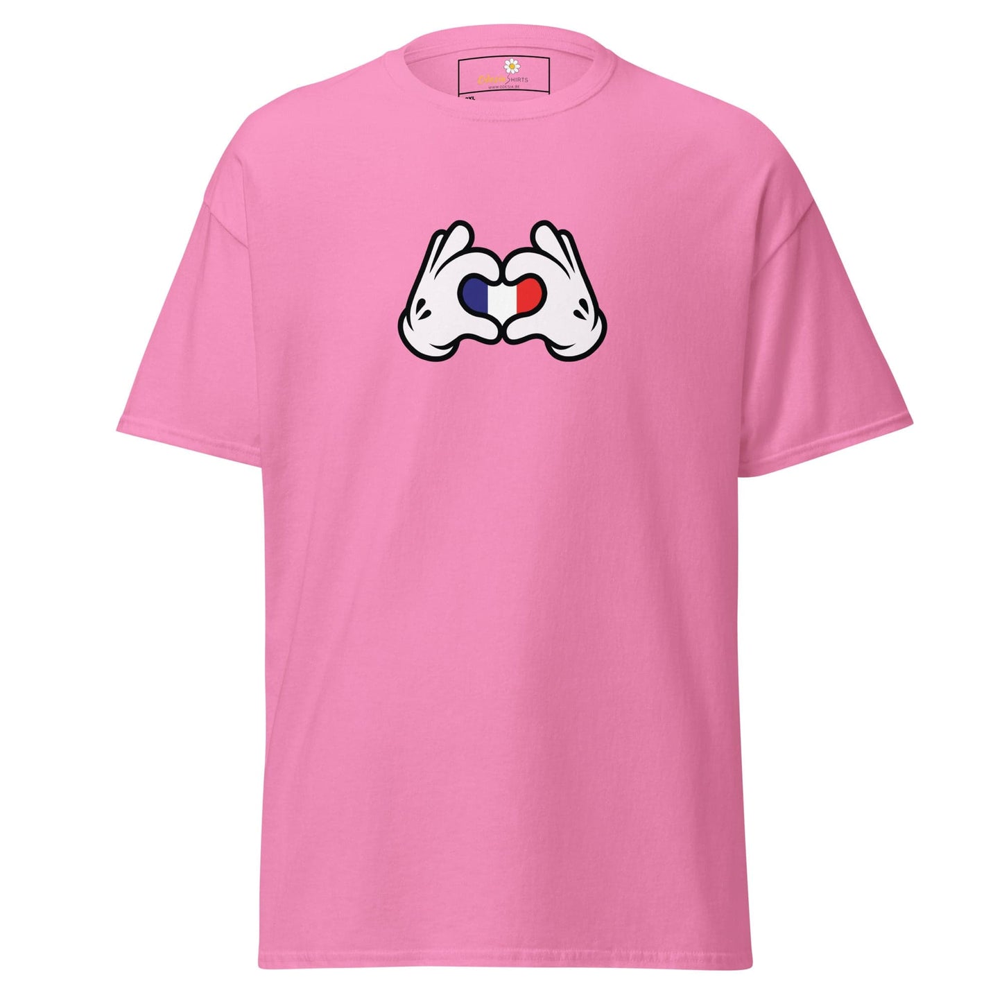 Pink t-shirt with cartoon hands forming a heart with the French flag.