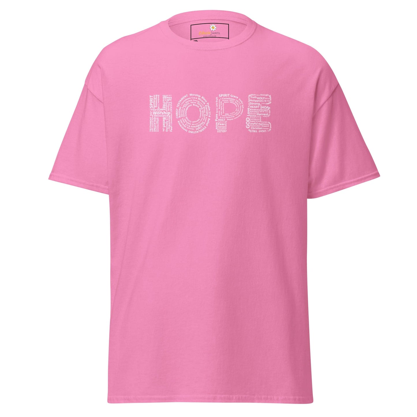 Pink t-shirt with ’HOPE’ design.