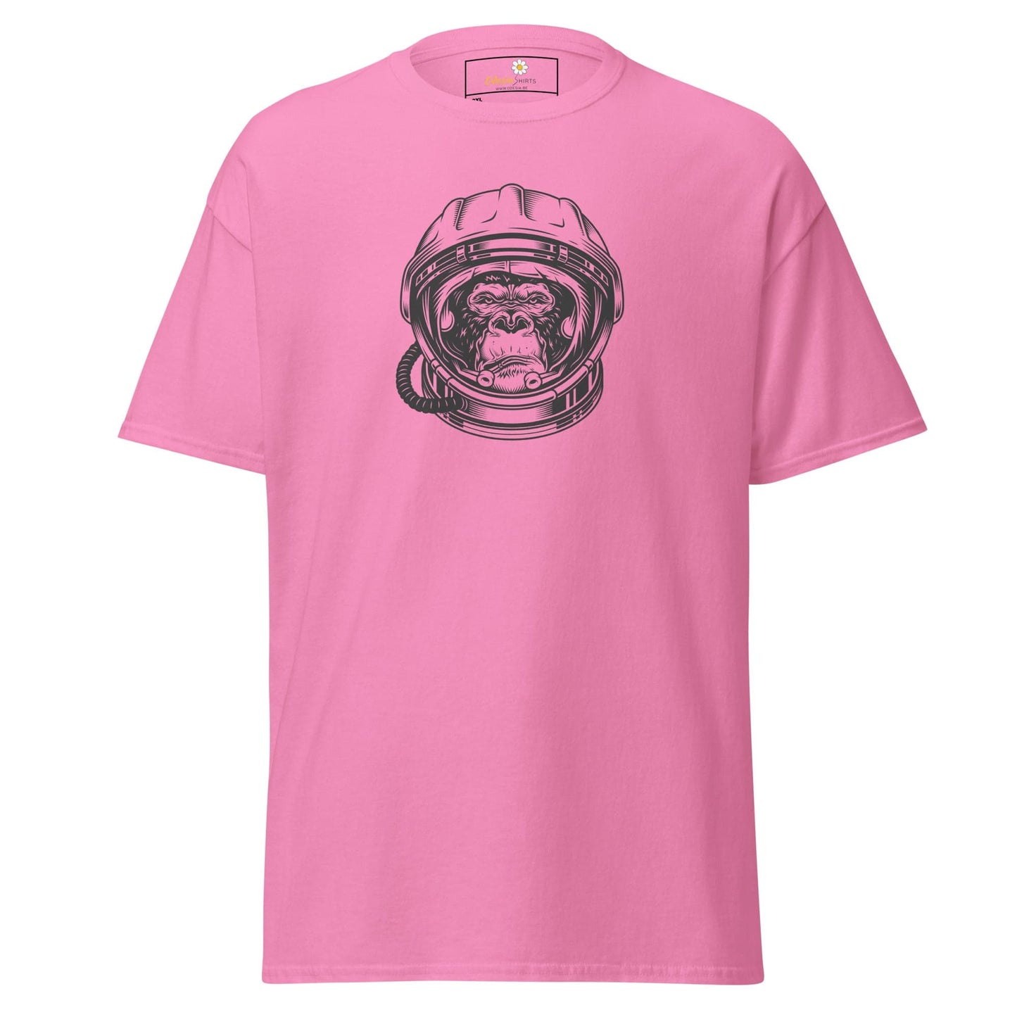 Pink T-shirt with astronaut monkey graphic for men and women in 2XL to 5XL sizes