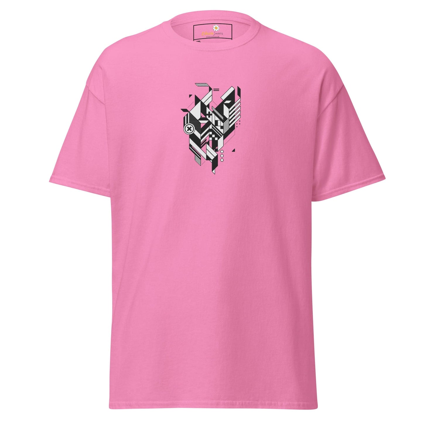 Pink t-shirt with geometric design.