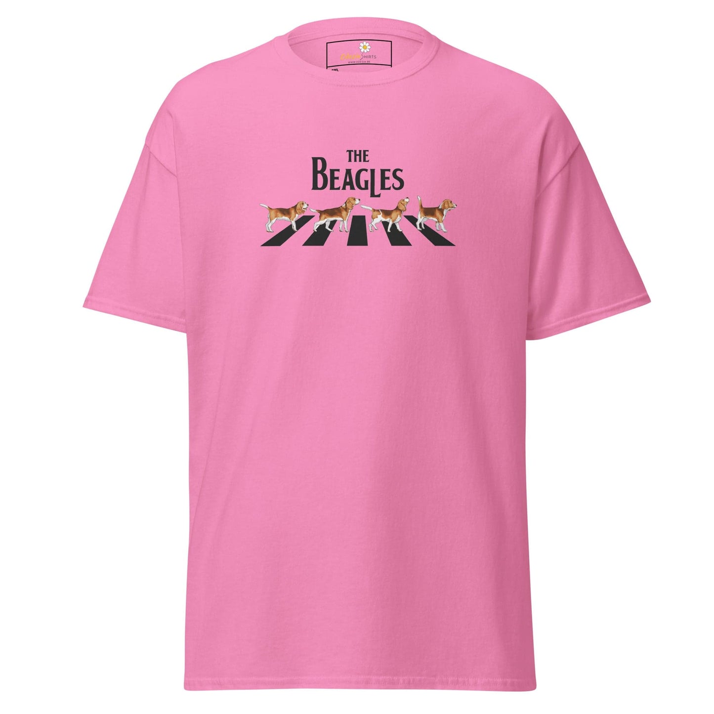 Pink t-shirt with ’The Beagles’ graphic.
