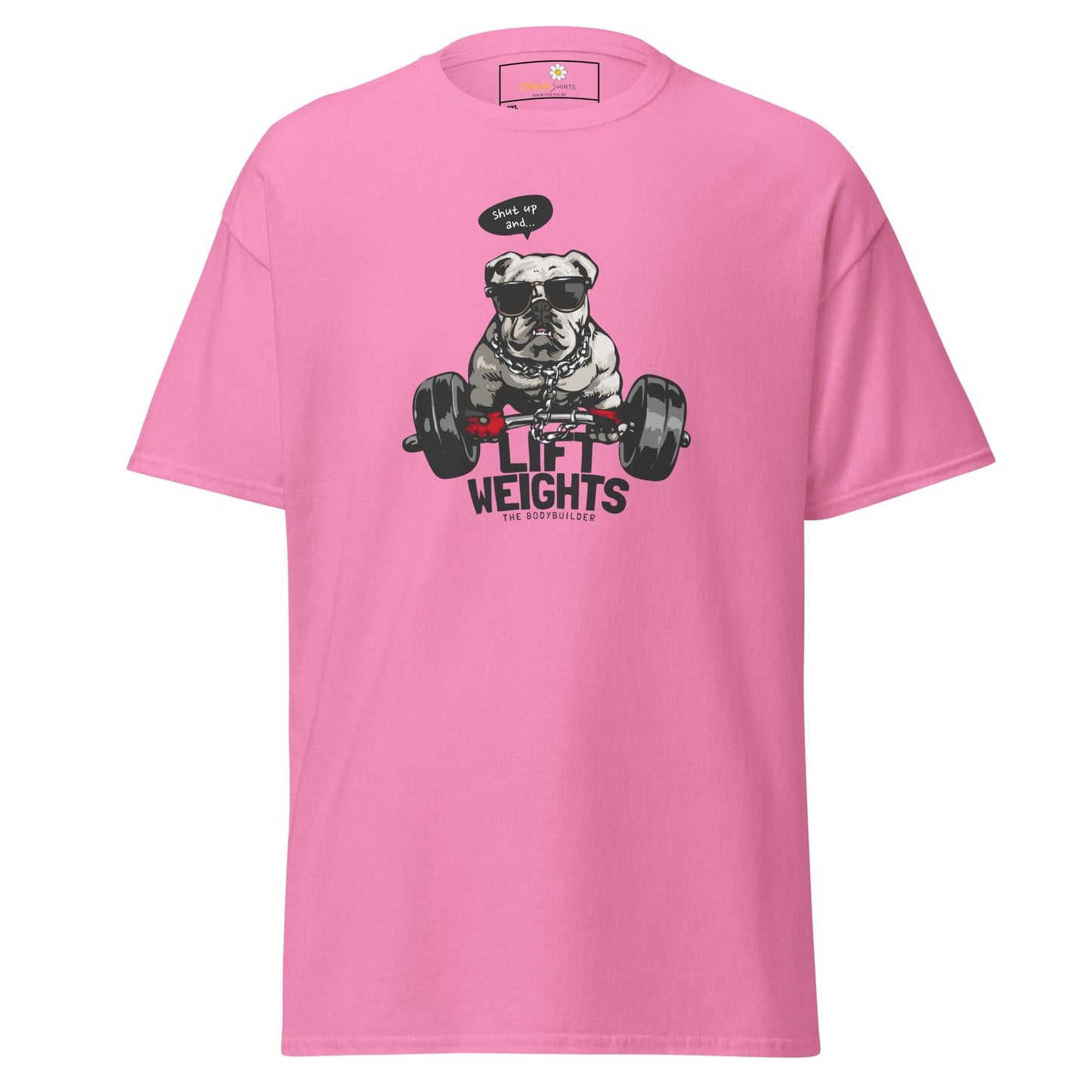 Pink t-shirt with dog lifting weights graphic.
