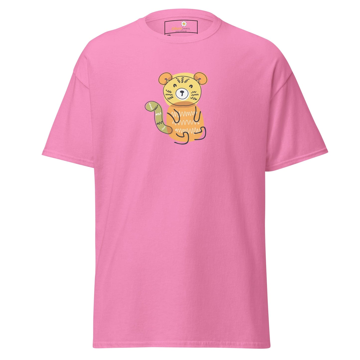Pink T-shirt with cartoon tiger design for men and women in sizes 2XL to 5XL